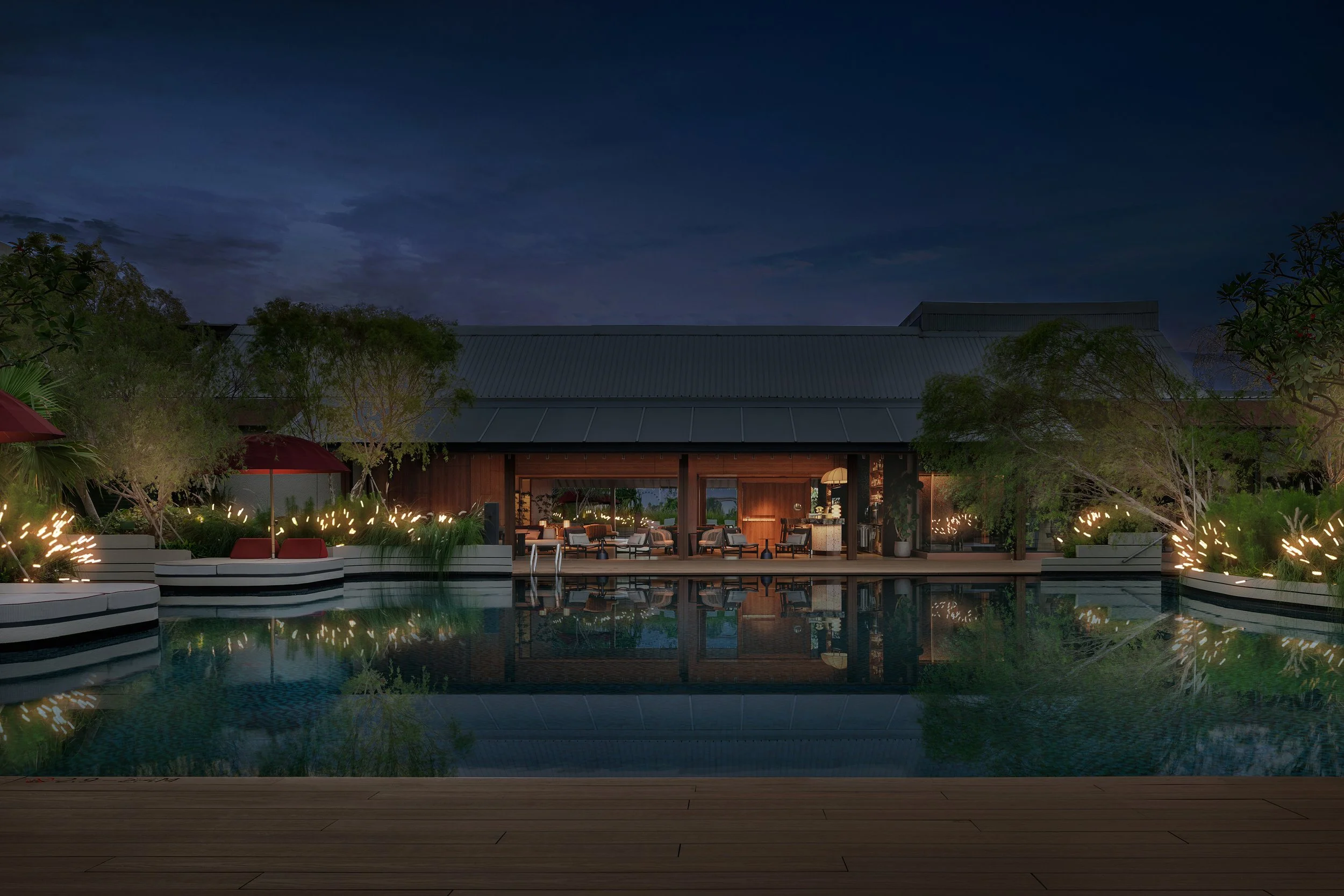 Commercial Hotel Interior Architecture PARKROYAL on Beach Road. Floating daybeds rest gently on the water, blending seamlessly with the greenery, while timber-lined decks introduce warmth and tactility