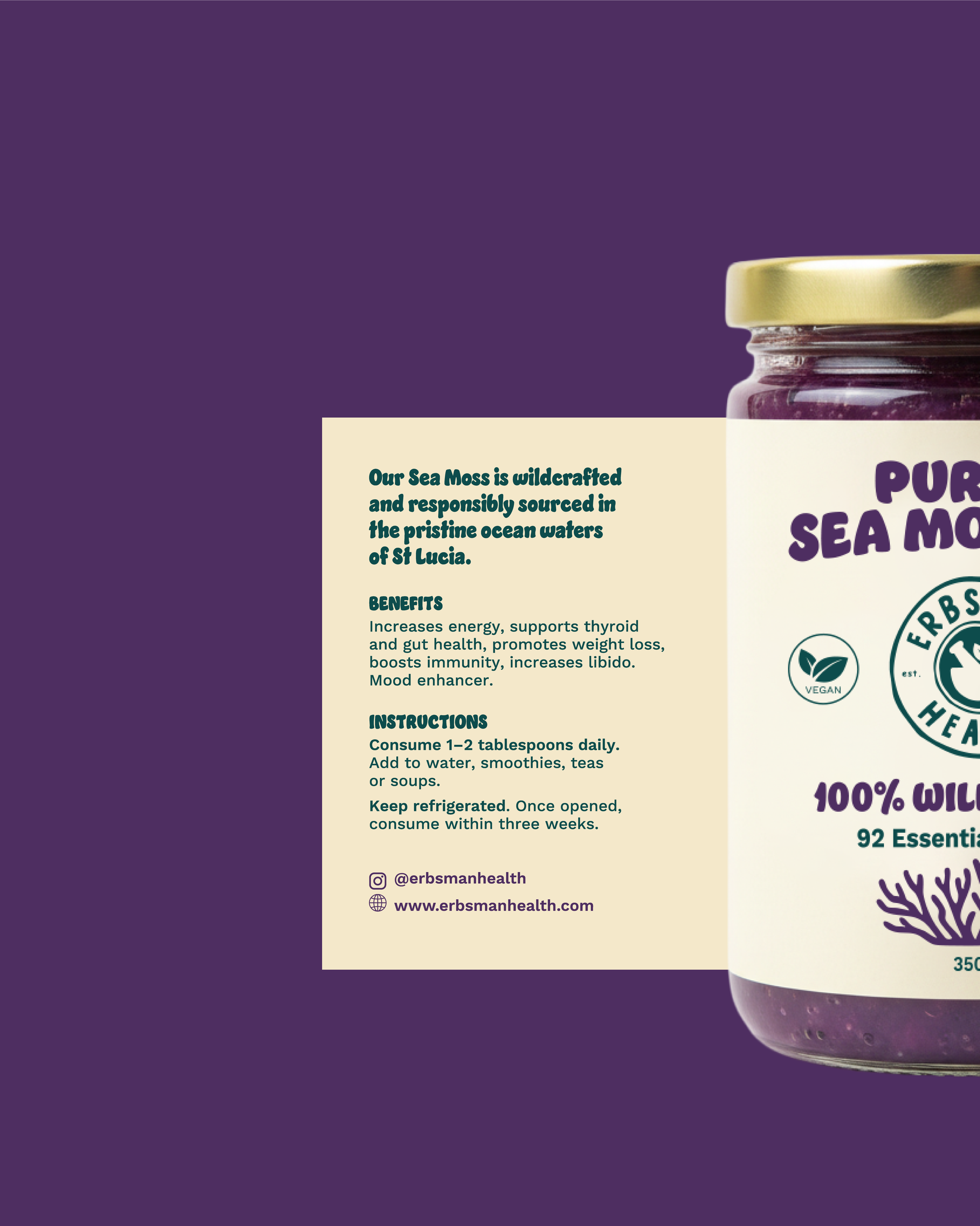 Label on a jar of sea moss supplement showing ingredients, benefits, and usage instructions; the brand is ERBS Man Health and the flavor is pure sea moss.