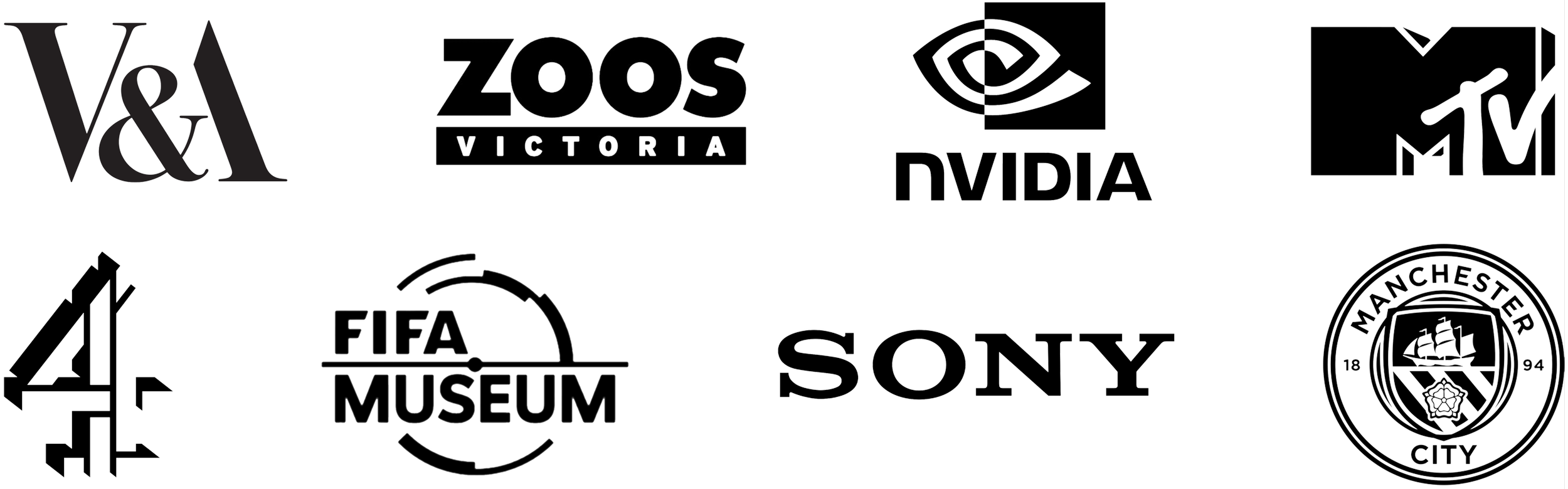 Collection of black and white logo outlines of various companies and organizations, including V&A, Zoos Victoria, Nvidia, MTV, 4D, FIFA Museum, Sony, and Manchester City.
