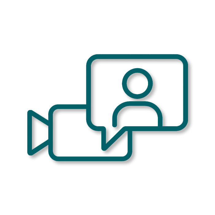 Line drawing of a video camera with two speech bubbles, one containing a person icon, symbolizing video communication or virtual meeting.