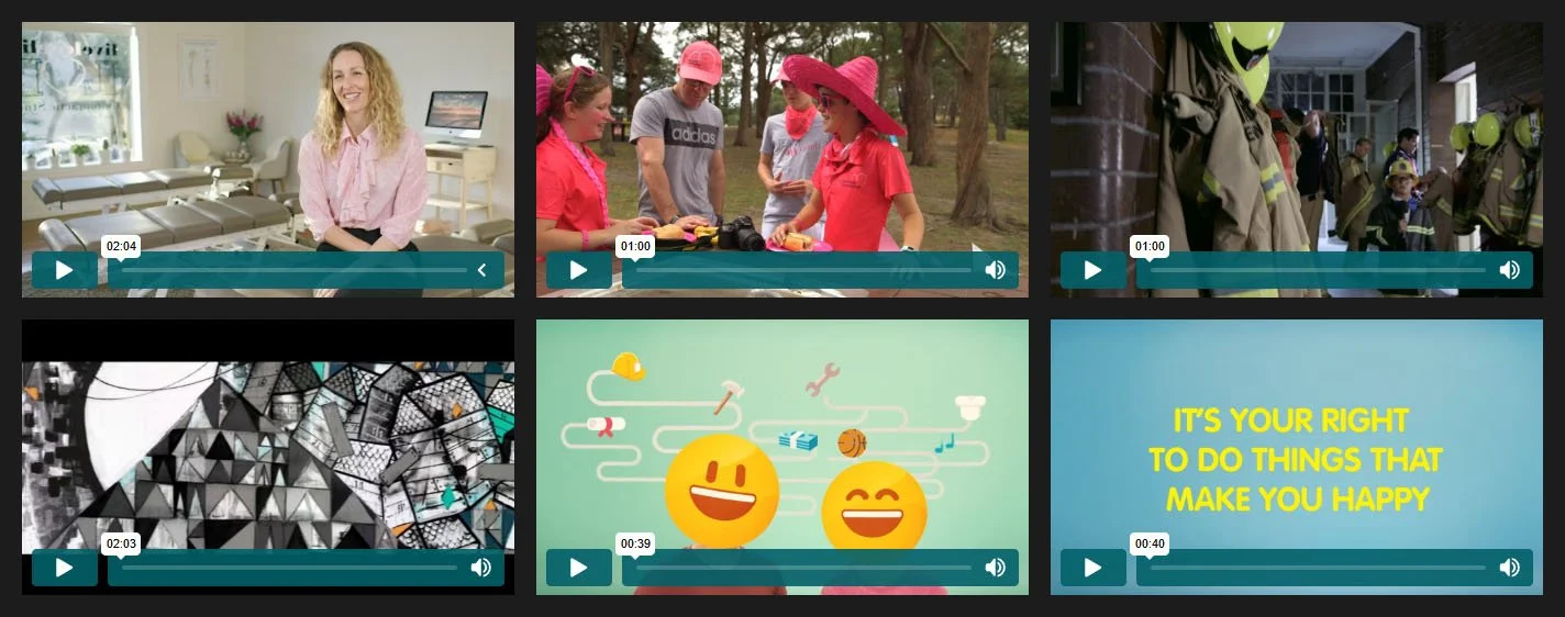 Thumbnail images from six different videos arranged in a grid. The top left shows a woman smiling in a bright room. The top center features a group of people outdoors, including women and a man, one wearing a wide-brimmed hat. The top right displays firefighters in uniform inside a fire station. The bottom left depicts a geometric, abstract cityscape illustration. The bottom center shows animated emojis with happy faces and various icons representing tools and objects. The bottom right contains text in yellow and green on a blue background that reads, 'IT'S YOUR RIGHT TO DO THINGS THAT MAKE YOU HAPPY.'