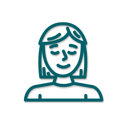 Line drawing of a woman with shoulder-length hair, smiling with eyes closed, on a black background.