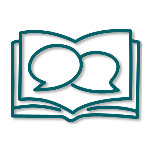 Outline of an open book with two speech bubbles overlapping on its pages.