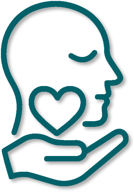 Line drawing of a person's face with a heart near their head, held in an open hand.