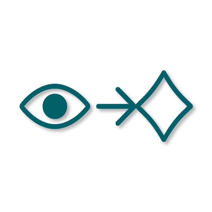 Graphic icon illustrating a process of visual perception and transformation, with an eye and a diamond shape connected by an arrow.
