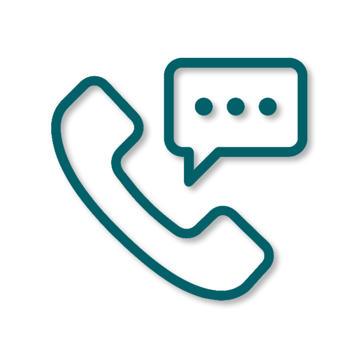 Icon of a telephone receiver with a speech bubble containing three dots, representing a phone call or messaging.