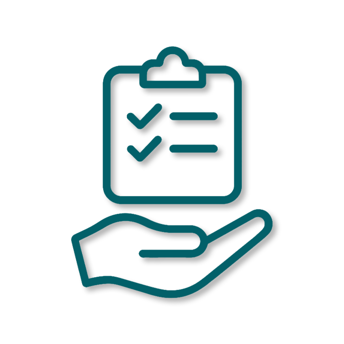 Icon of a hand holding a clipboard with checklists.