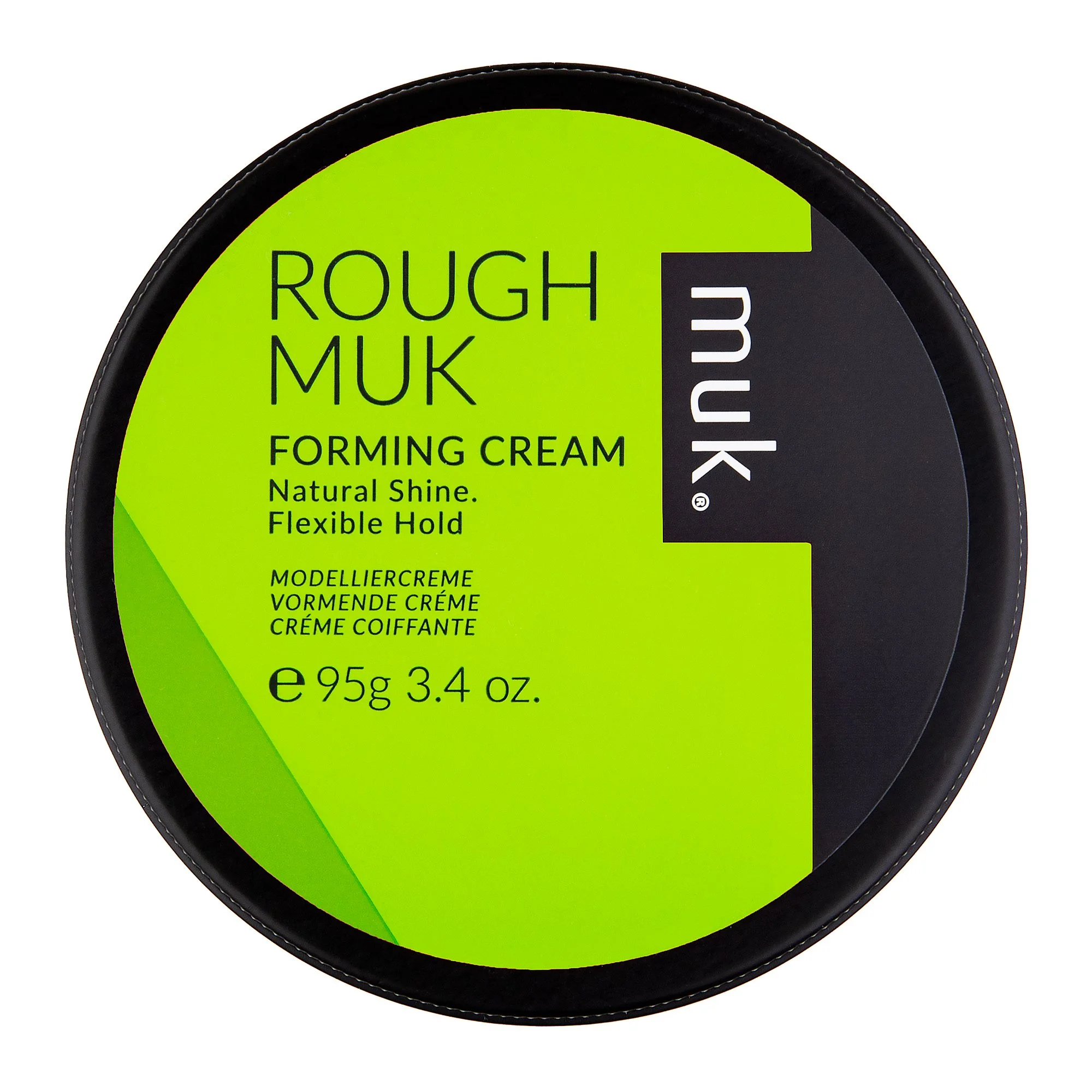 Green and black round container of MUK brand Rough Mud modeling cream with flexible hold, 95 grams or 3.4 ounces.