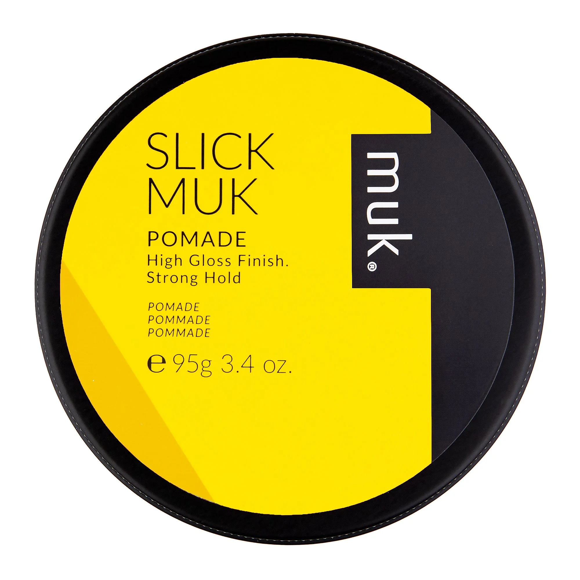 Circular black and yellow container of MUK Slick Muk Pomade with high gloss finish and strong hold, containing 95 grams or 3.4 ounces.
