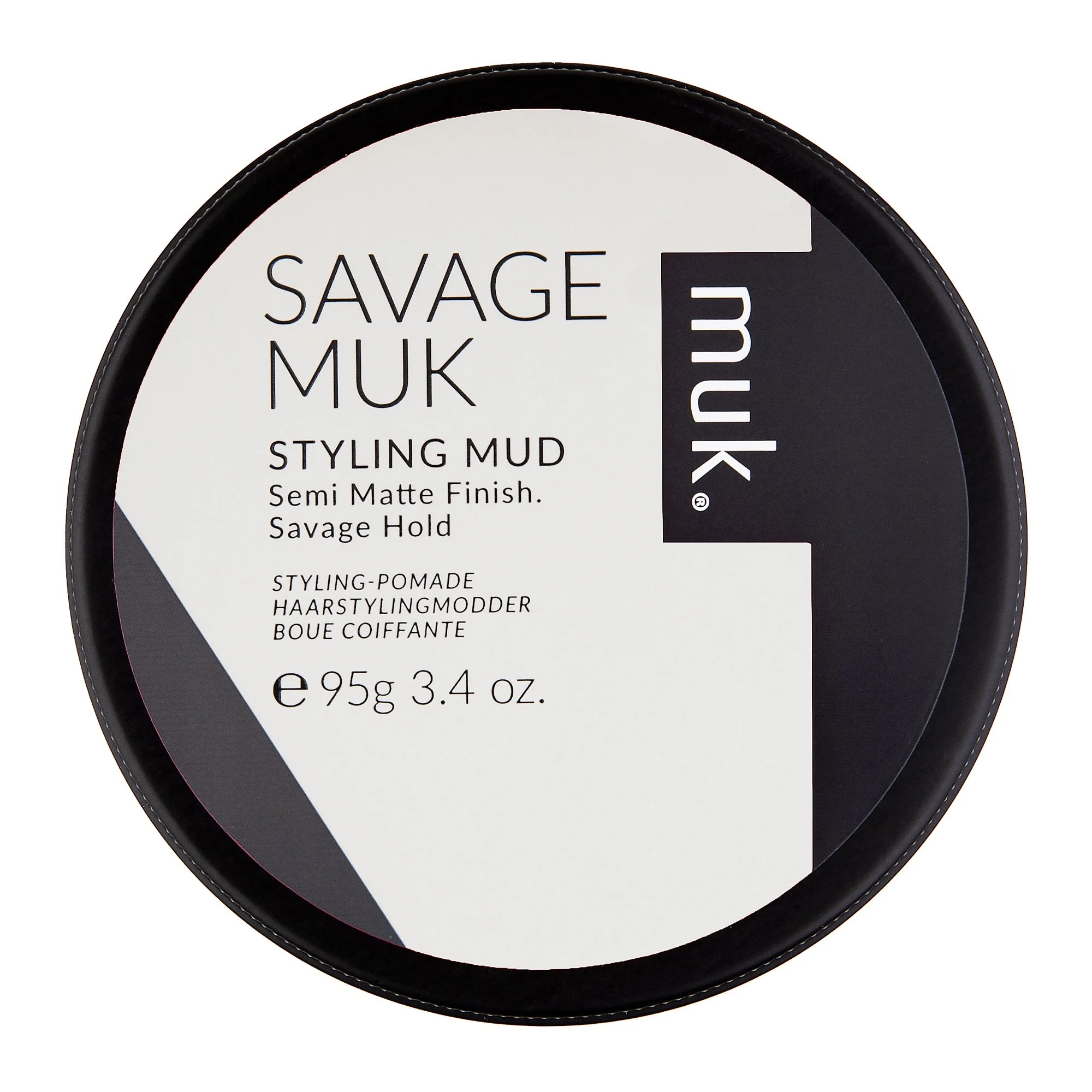 Black round container of MUK Savage MUK styling mud with white and black label, indicating semi-matte finish and savage hold, 95 grams or 3.4 ounces.
