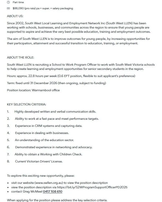 Come work with us - you&rsquo;ll love it!

School to Work Program Officer

Position Description: https://bit.ly/S2WProgramSupportOfficerPD2025

SEEK: https://www.seek.com.au/job/86251777?ref=search-standalone&amp;type=standard&amp;origin=jobTitle#sol