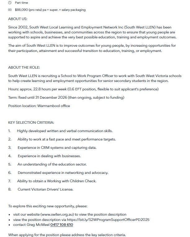 Come work with us - you&rsquo;ll love it!

School to Work Program Officer

Position Description: https://bit.ly/S2WProgramSupportOfficerPD2025

SEEK: https://www.seek.com.au/job/86251777?ref=search-standalone&amp;type=standard&amp;origin=jobTitle#sol