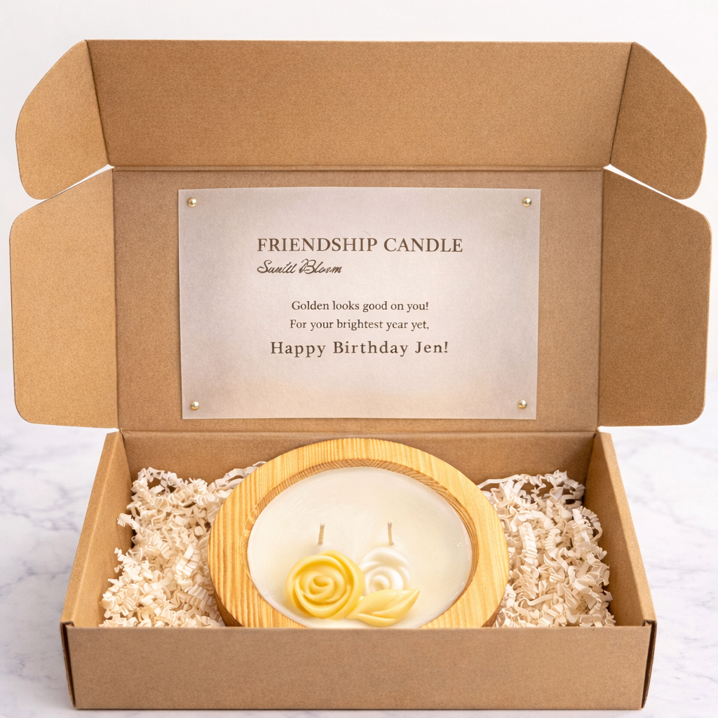 Beeswax & Bobbins personalized Friendship Candle gift box with custom label and botanical accent candle.  We can customize wax color variations, scent blends, and personalized labels for special occasions and gifting.