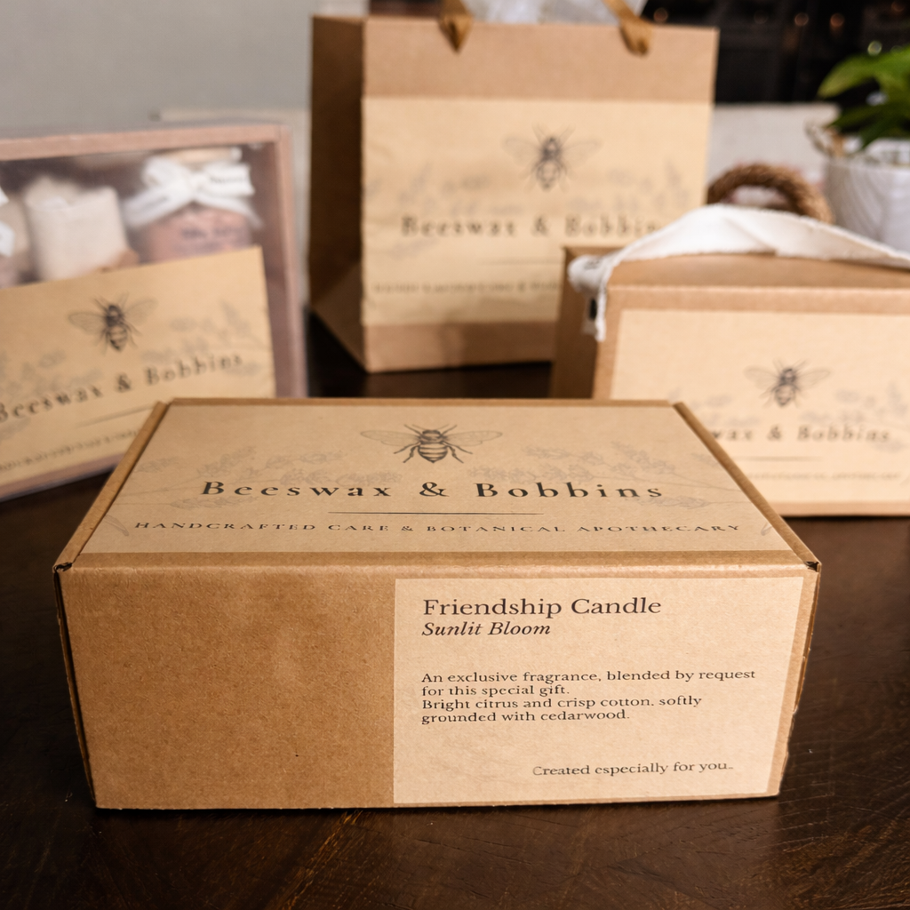 Beeswax & Bobbins handcrafted botanical gift boxes and custom candles with blended fragrances.