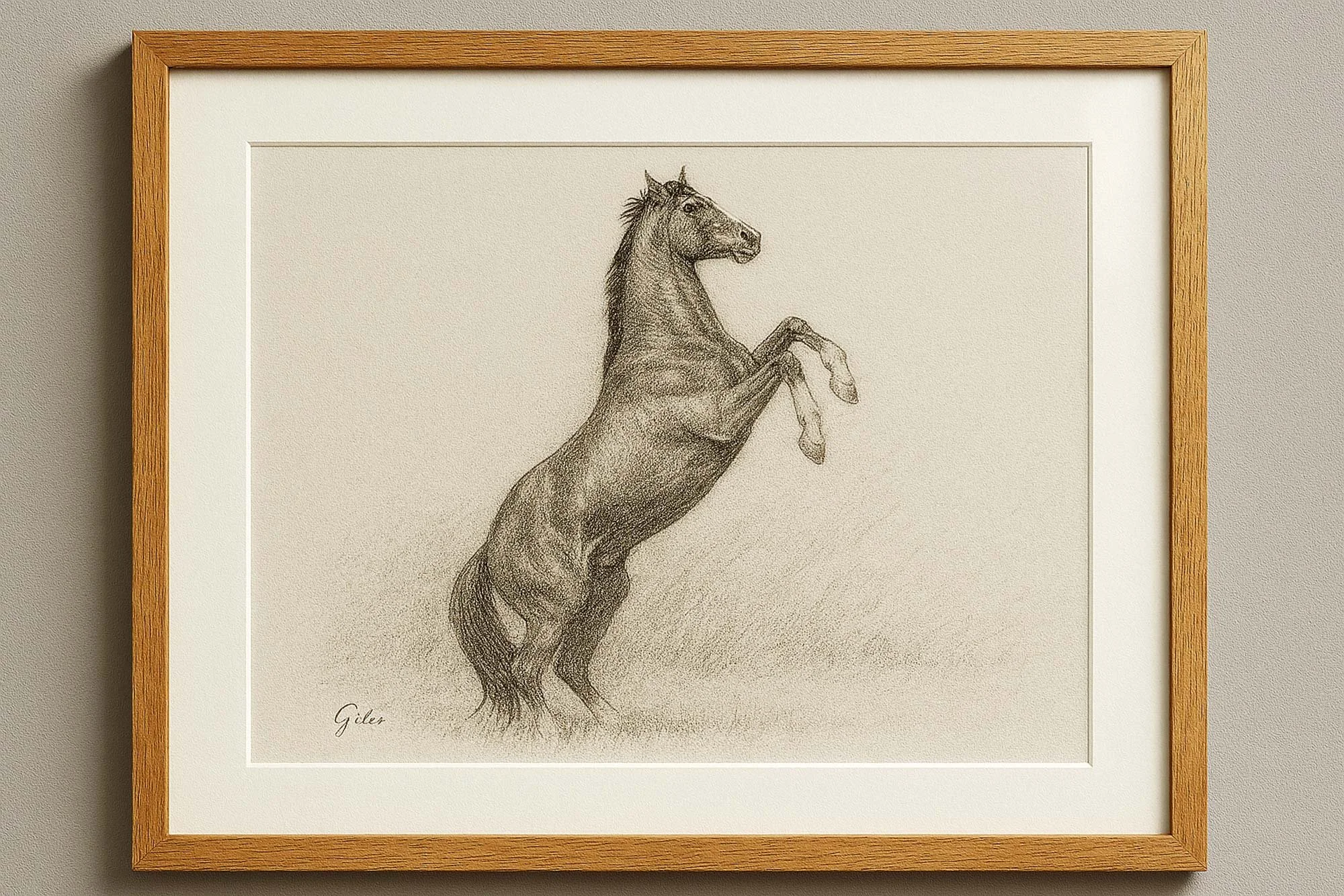 A sketch of a rearing German Coach Horse drawn in delicate pencil tones, set against a plain textured background, capturing dynamic energy.