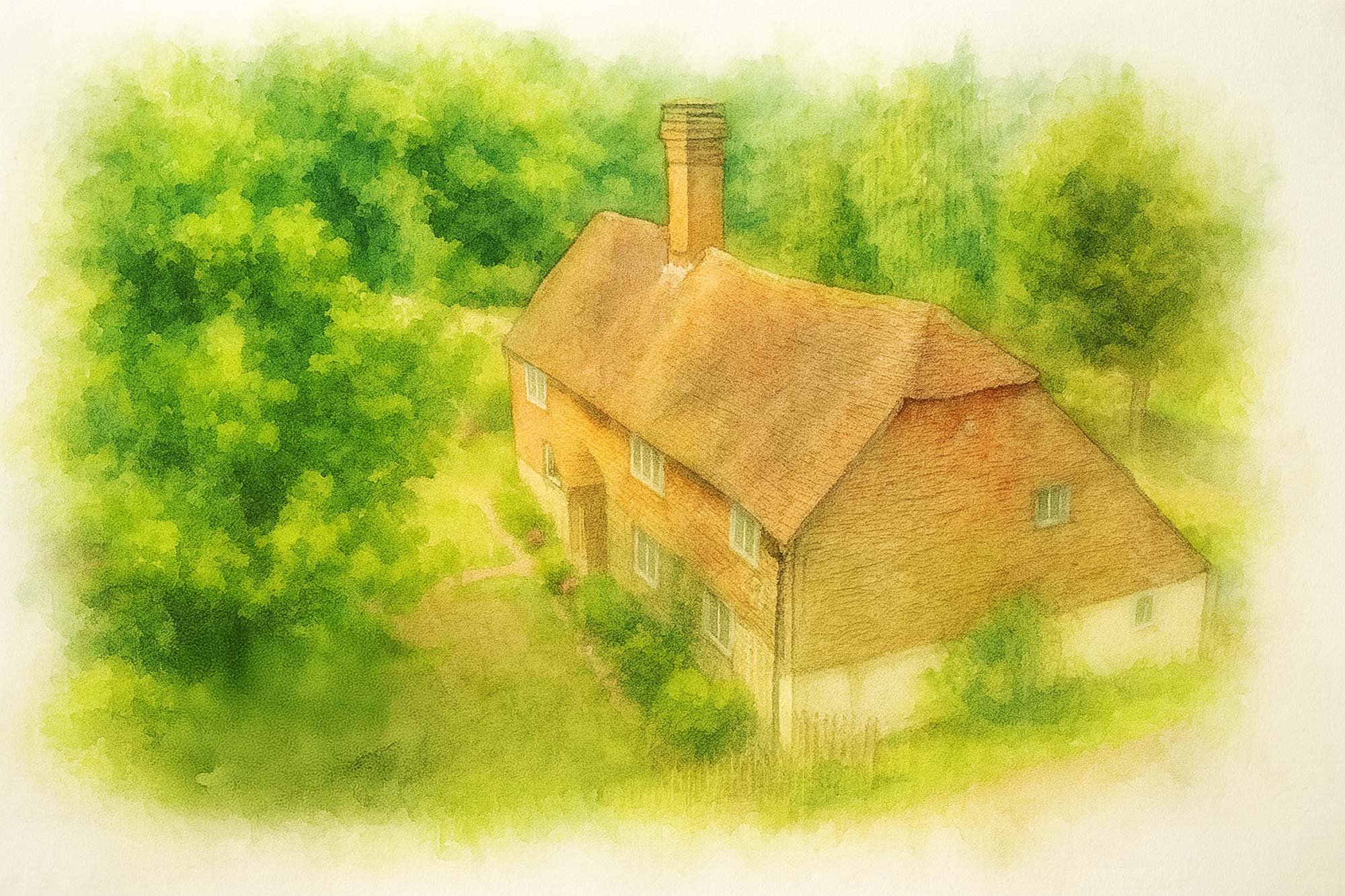 Watercolor portrait of a classic countryside home nestled in verdant natural surroundings.