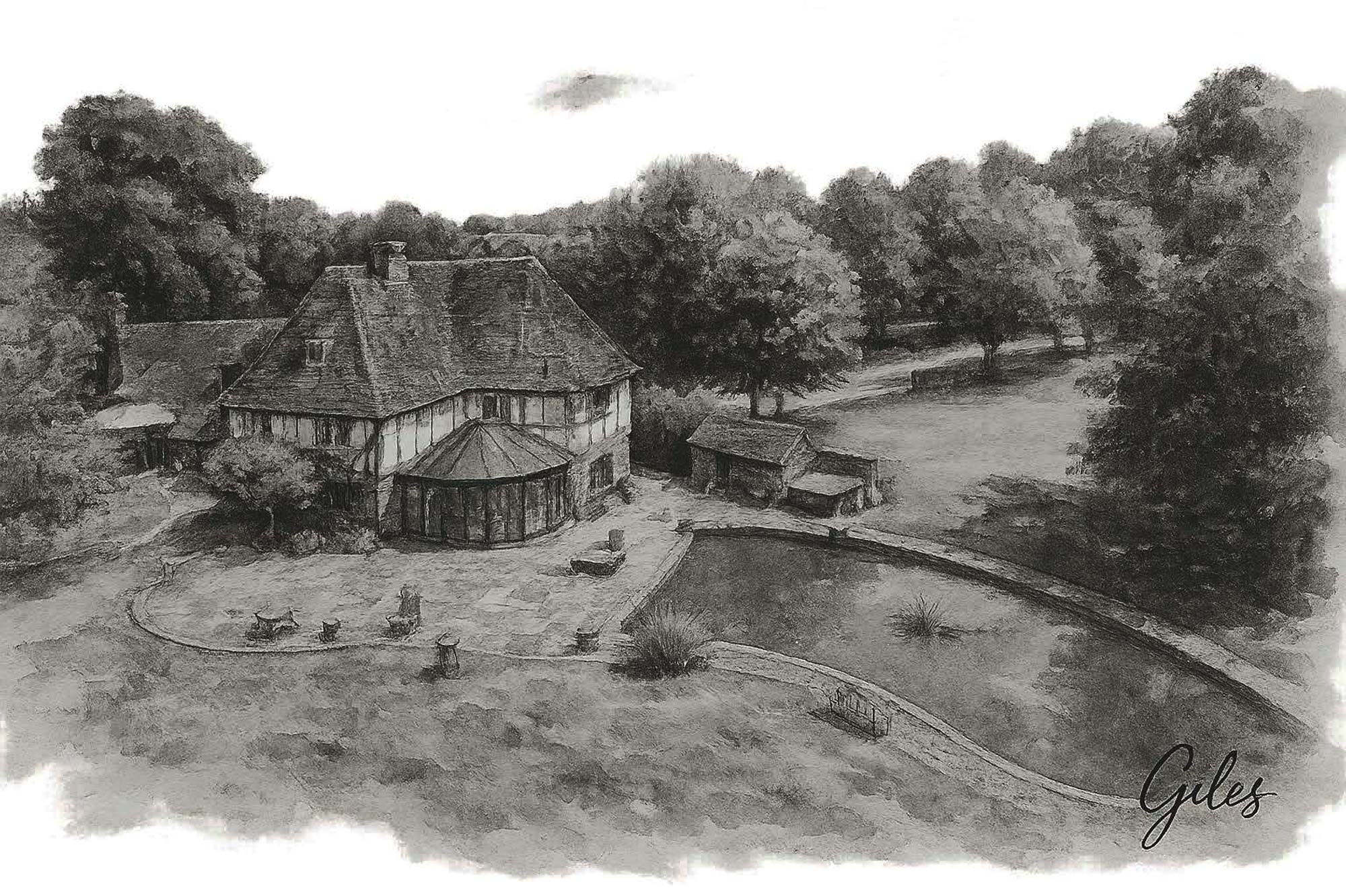 Aerial view digital sketch of a large brick manor house surrounded by fields, captured in SOANE architectural art style.