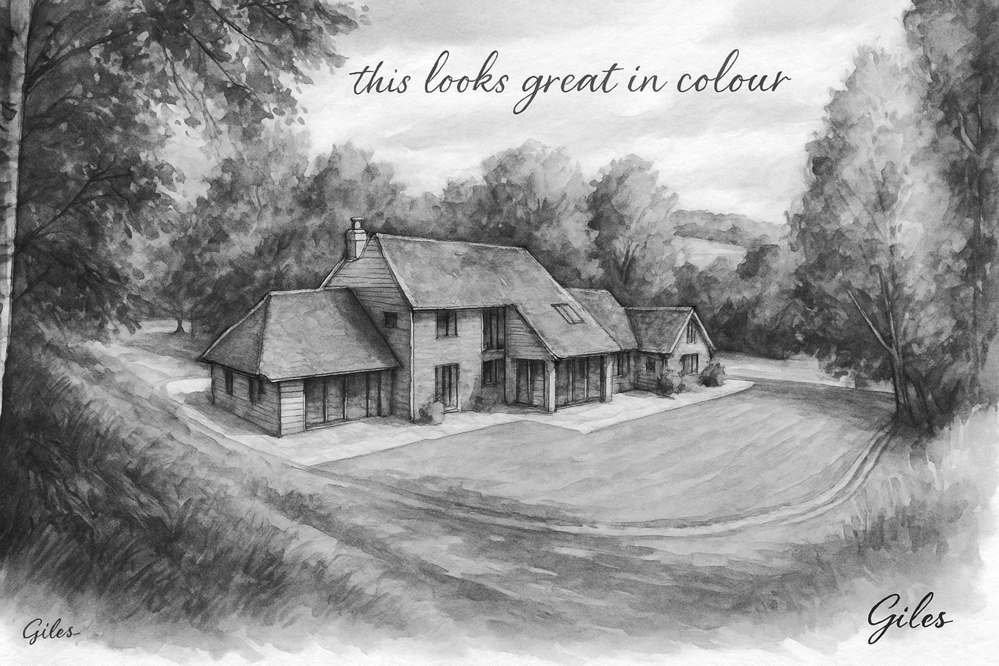 Digital artwork of a pitched-roof white cottage in the countryside, created in SOANE architectural style.