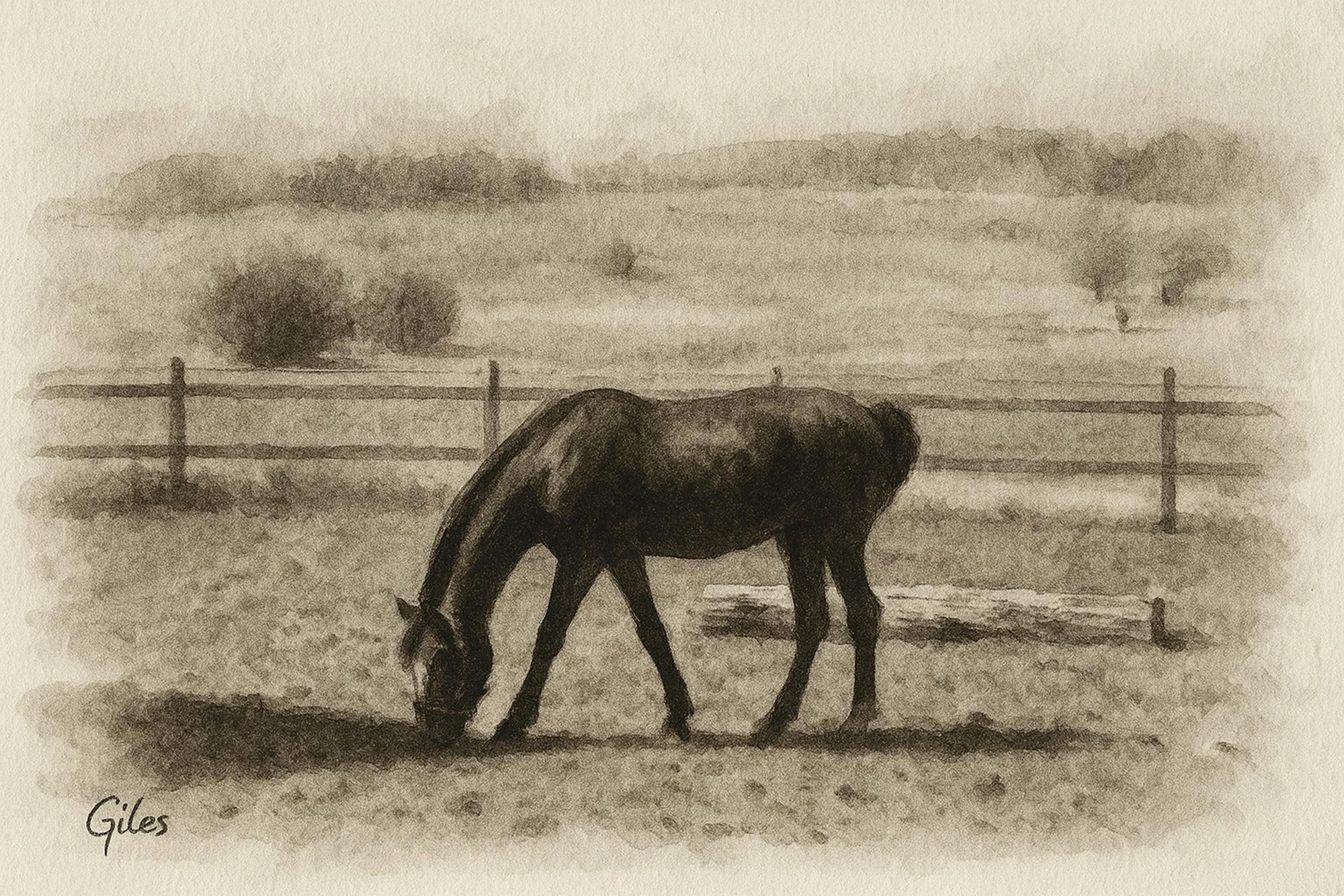 Vintage-style pencil sketch of a Gotland Pony grazing in a fenced paddock, depicted in soft tones with a rural landscape backdrop.