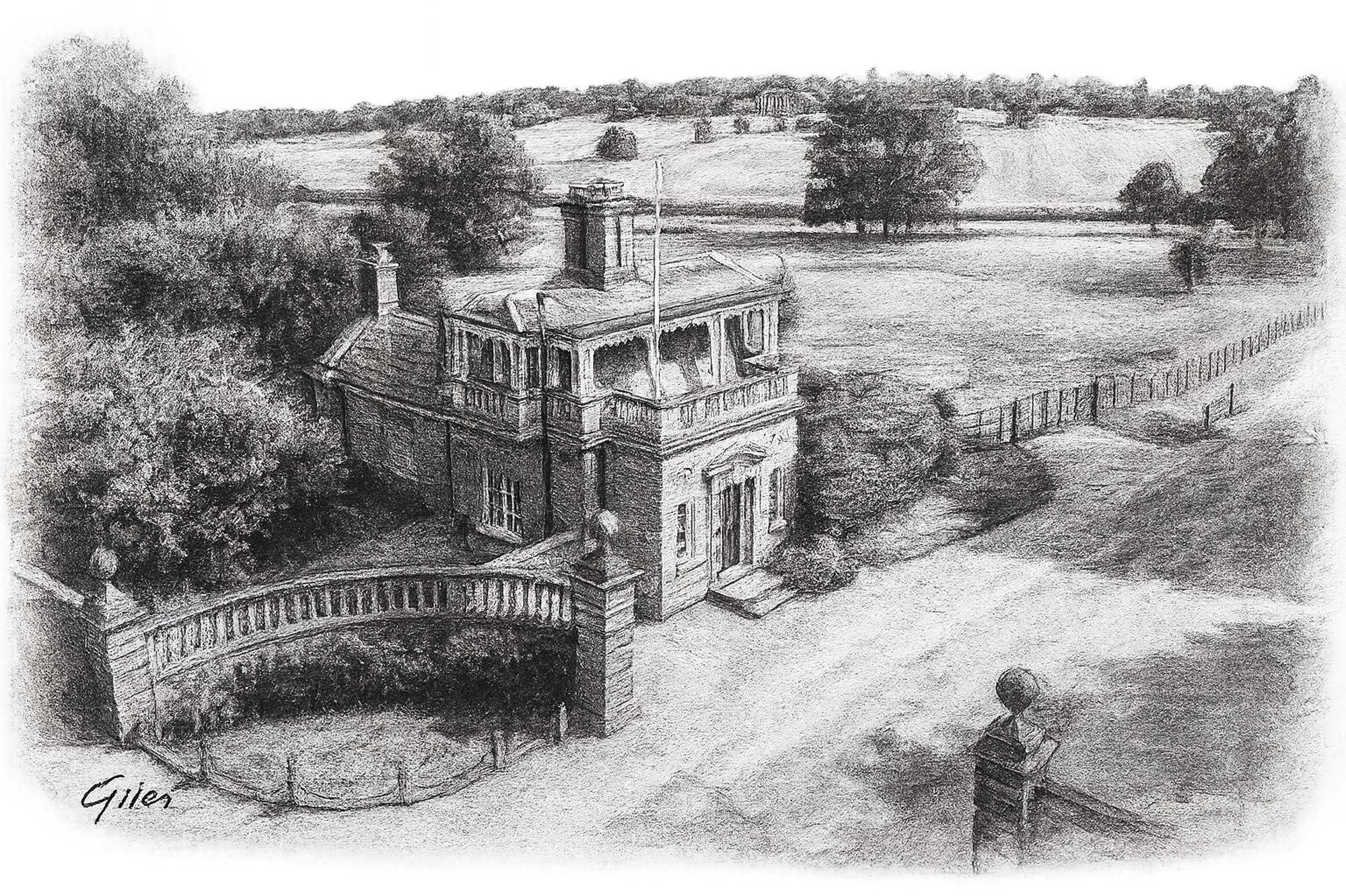 Top-down architectural sketch of a large estate manor and grounds in signature SOANE detail.