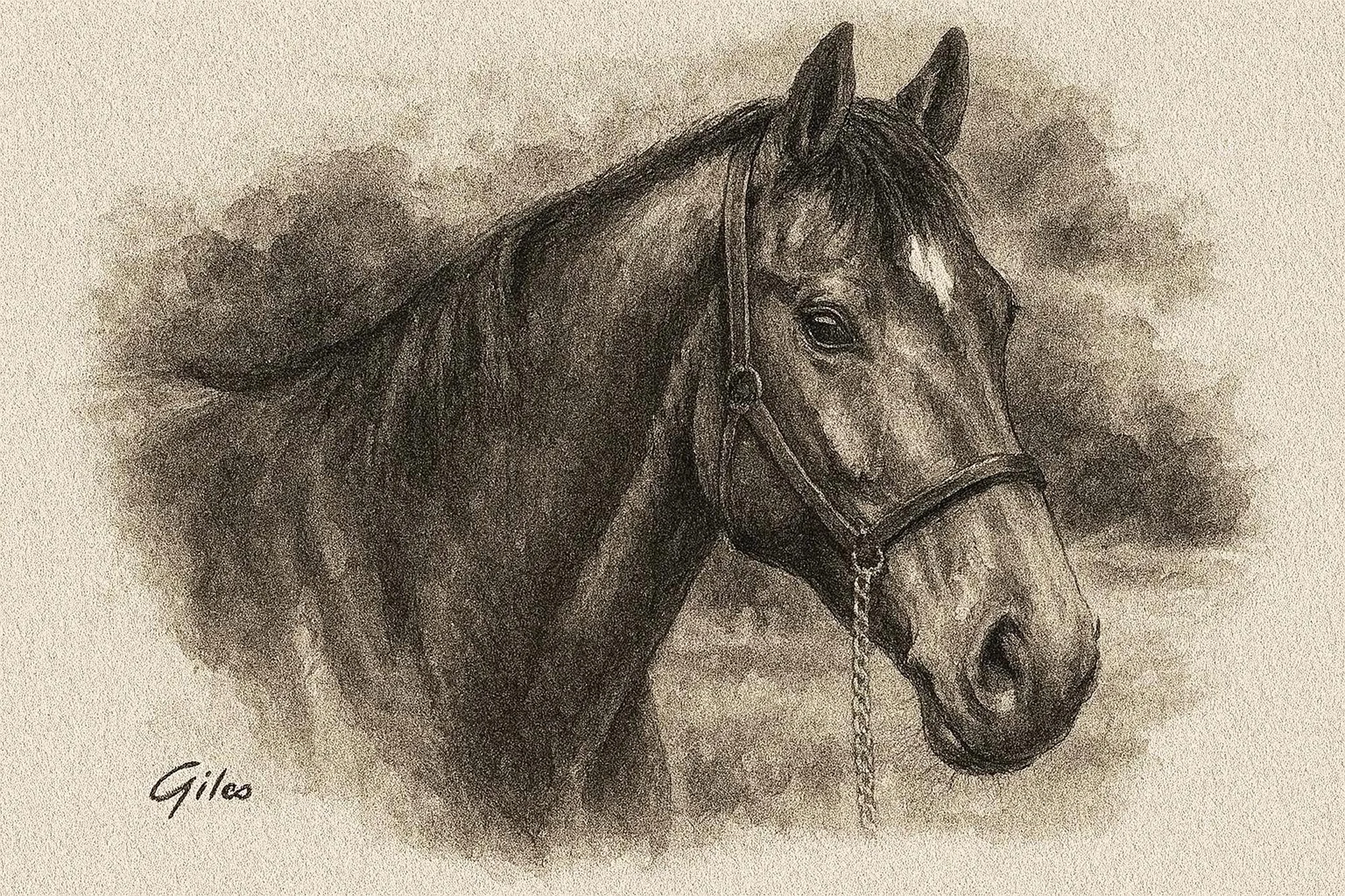 Expressive pencil head study of a German Coach Horse in profile, set against a neutral-toned background with soft shading.