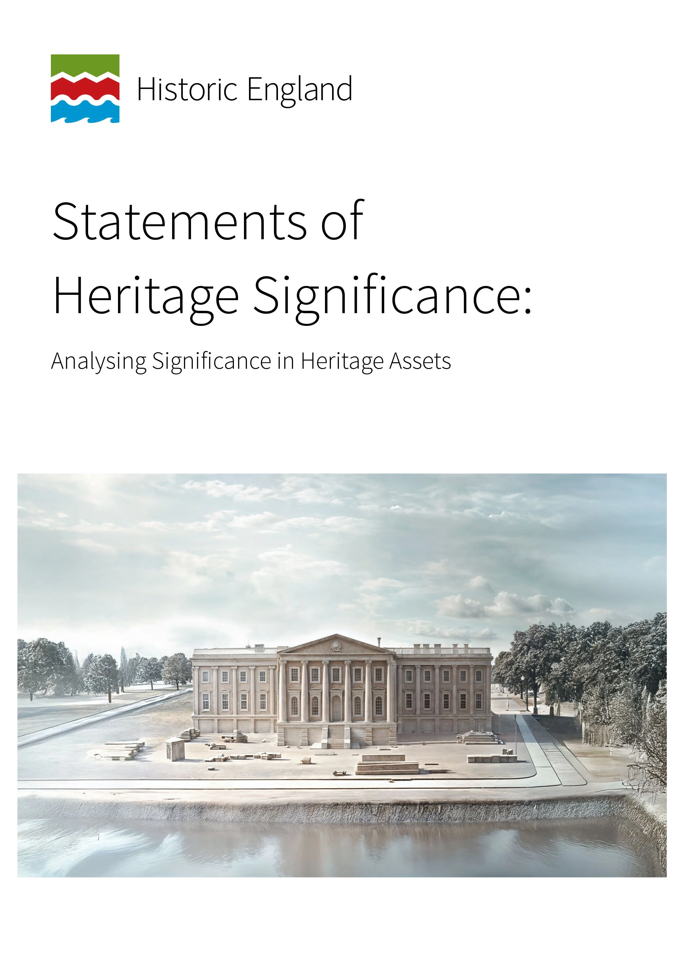 Cover page of a publication titled "Statements of Heritage Significance: Analyzing Significance in Heritage Assets" by Historic England, featuring an illustration of the White House in Washington, D.C., with trees and a reflecting pool in the foreground.