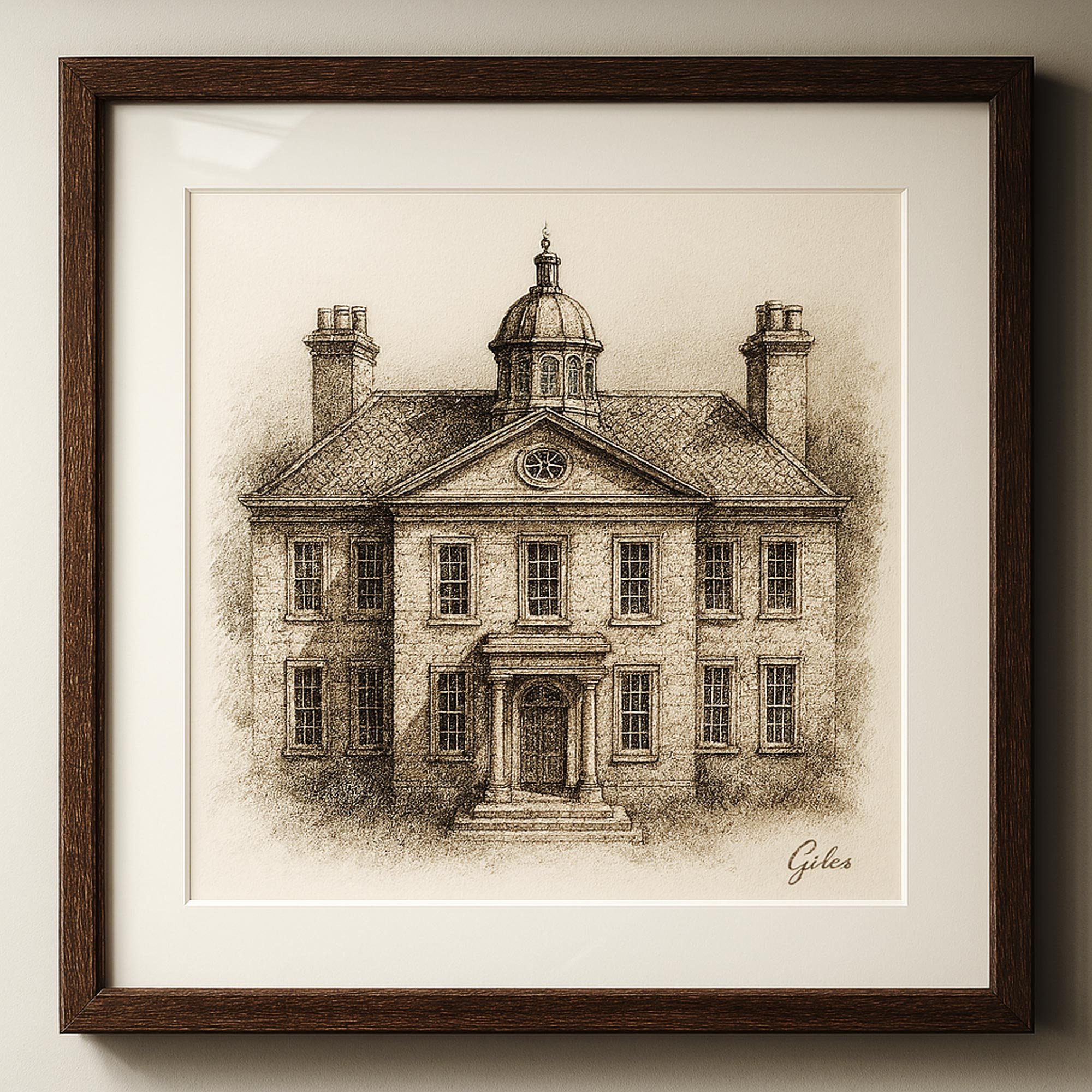 A meticulous ink sketch of a Cornish manor near Penryn. Deep cross-hatching brings architectural depth to the Georgian stonework.