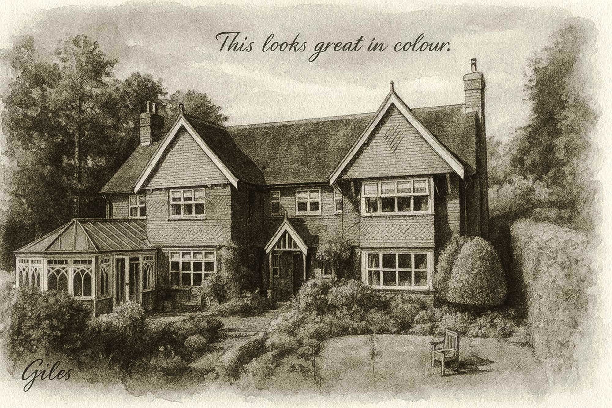 Pencil sketch of a classic country villa with manicured hedges and SOANE signature sketch style.