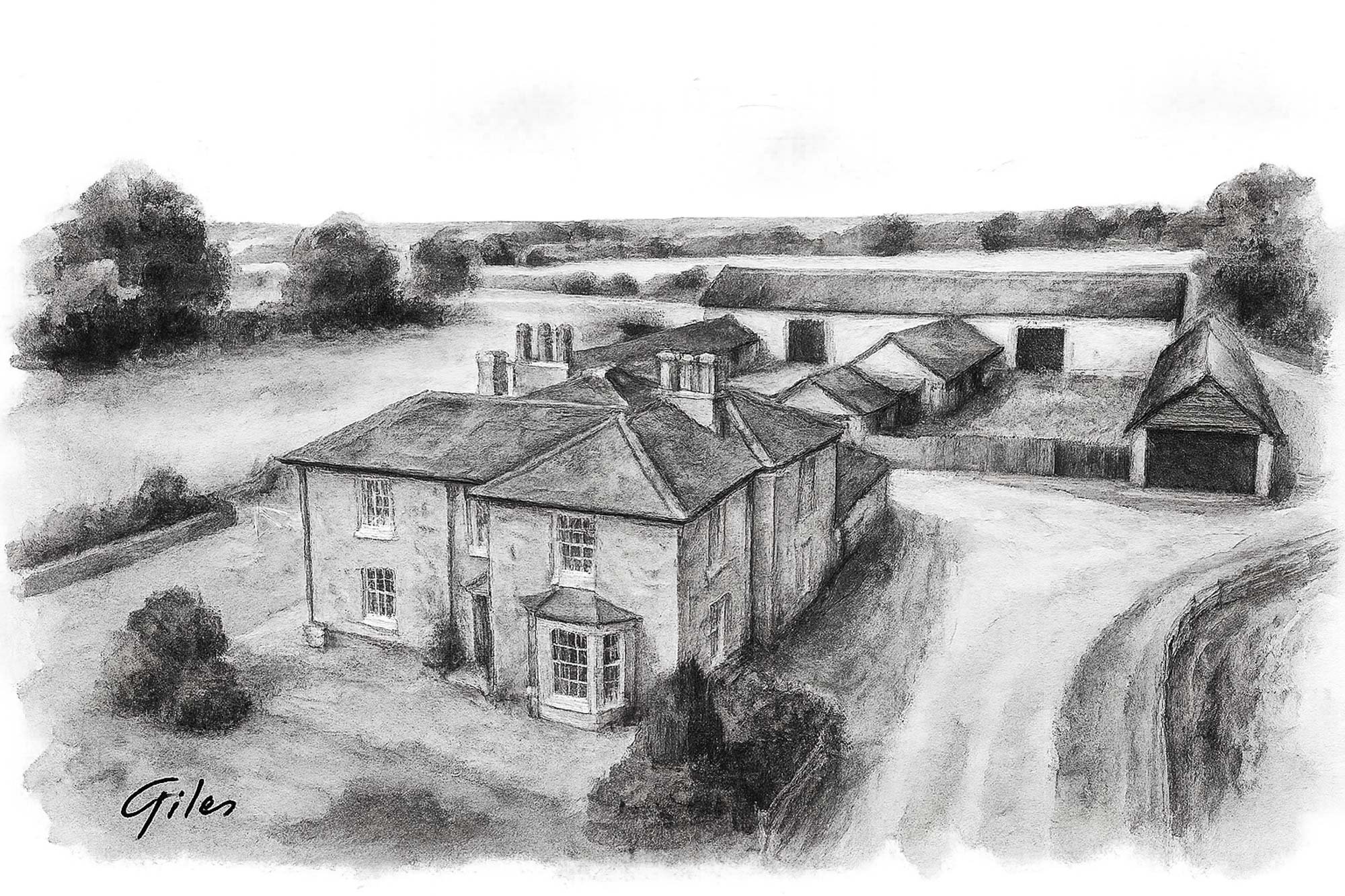 Aerial ink sketch of a farmyard scene with outbuildings and pathways.
