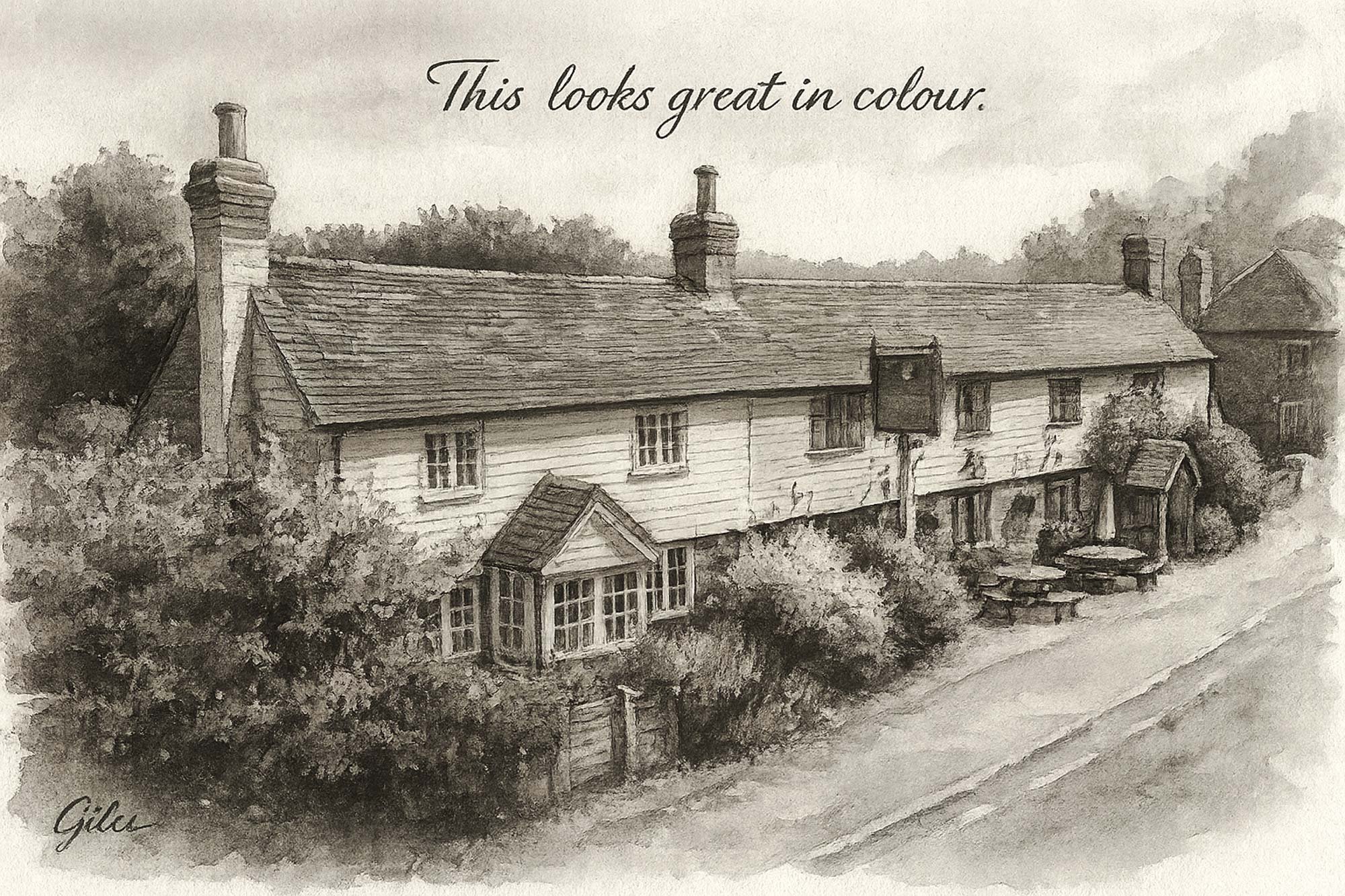 Sketch of a long public house with traditional cottage-style features and front beer garden.