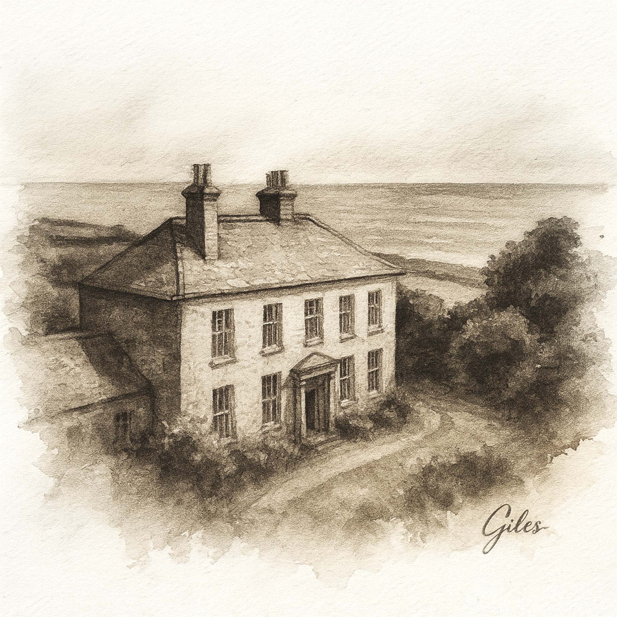 Captured from a drone’s eye view, this aerial watercolour shows a cliffside manor gazing out to sea.
