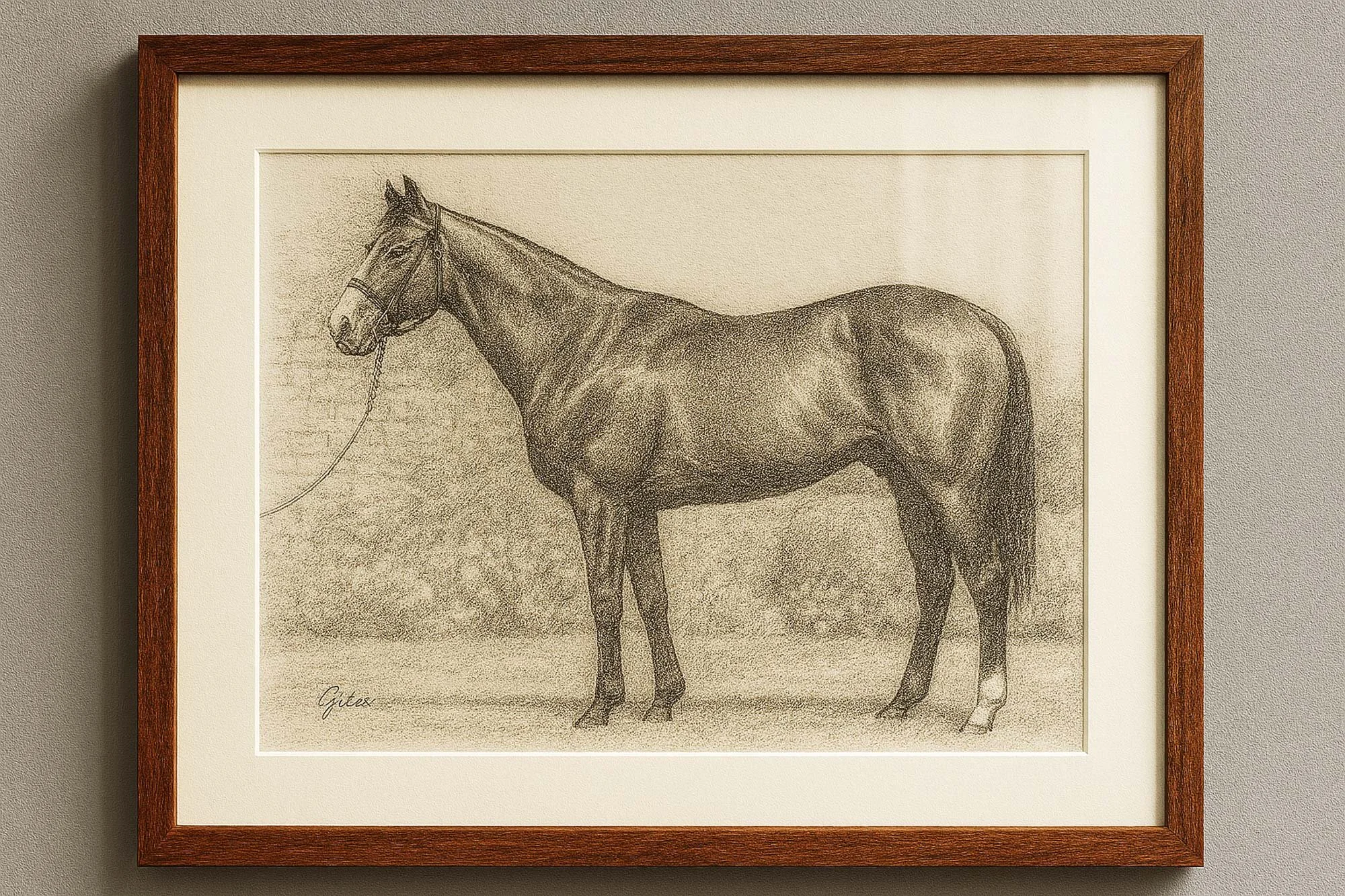 Framed pencil artwork of a standing pony with short mane and textured coat, illustrated with realistic form and subtle grassy ground.