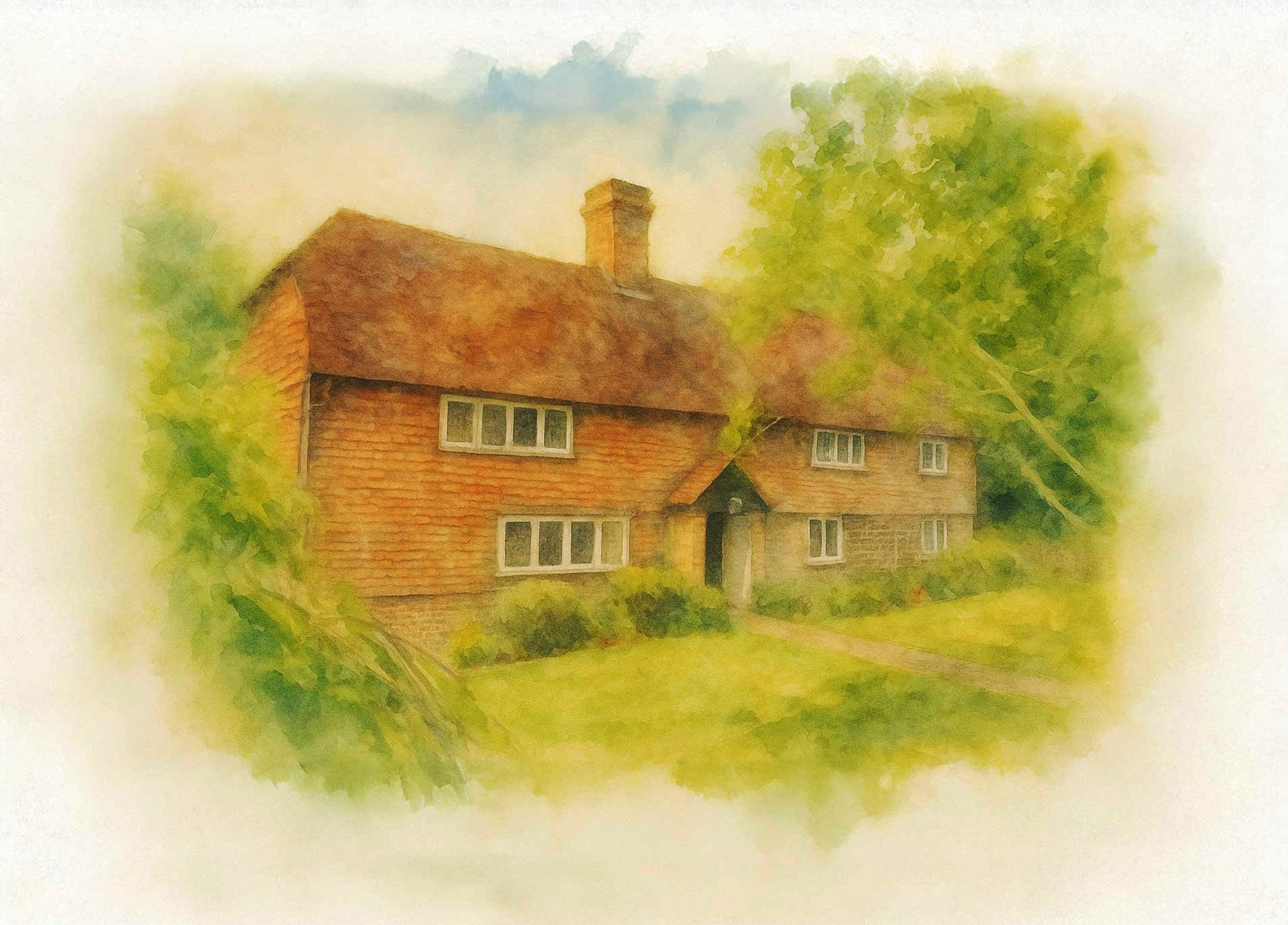 SOANE digital watercolor of a vibrant red-brick cottage set against soft garden greenery.