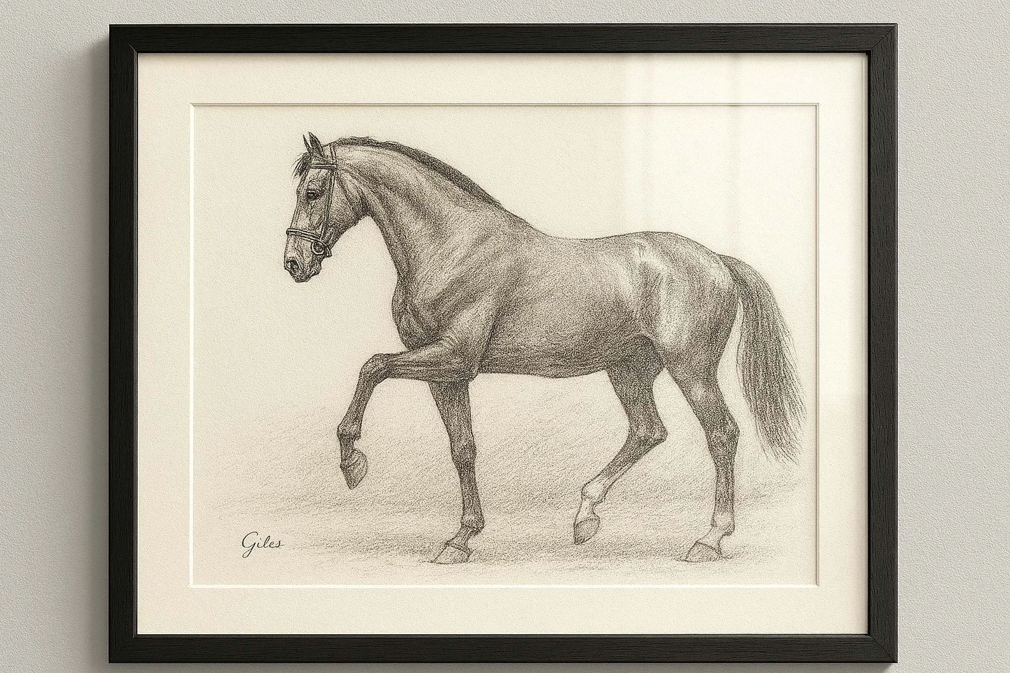 Framed pencil artwork of a standing pony with short mane and textured coat, illustrated with realistic form and subtle grassy ground.