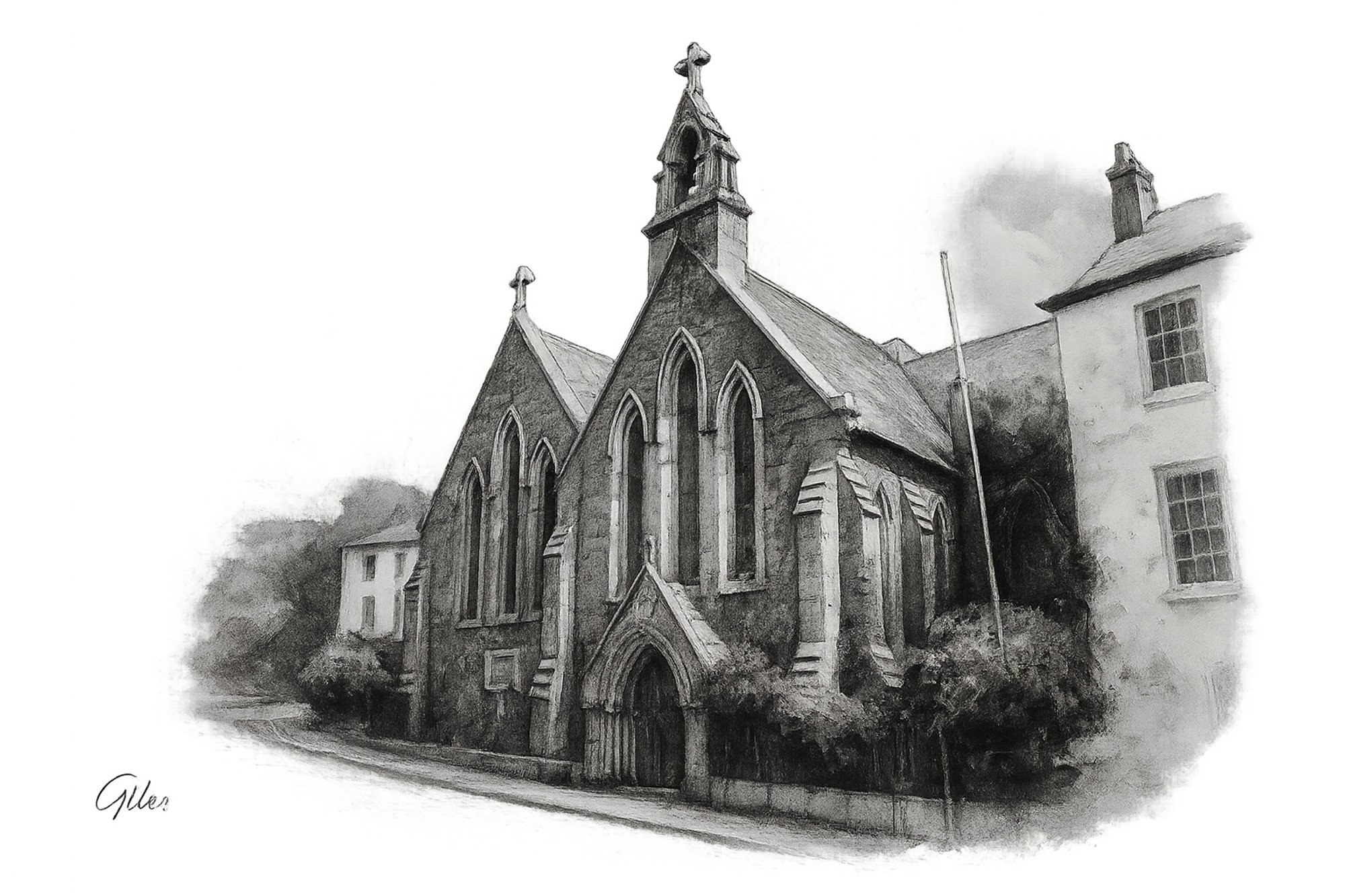 Rendered in dramatic pencil with softened lines, this artwork captures St. Paul’s Church in Penzance.