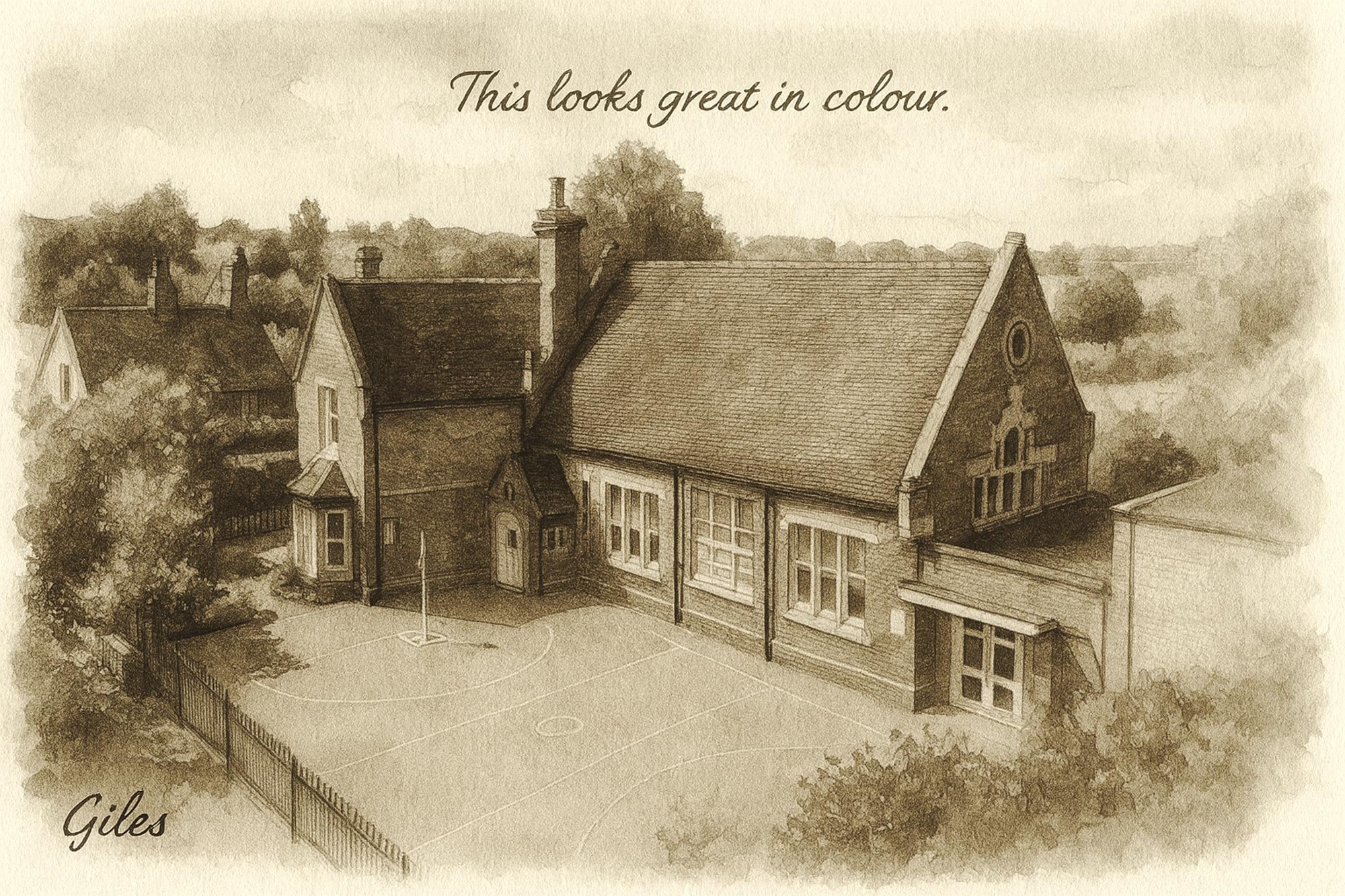Pencil, pen and watercolour wash of a Victorian Schholhouse in Hertfordshire