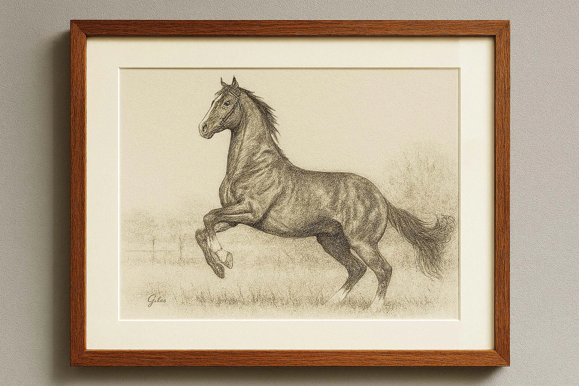 Pencil drawing of a galloping chestnut horse, captured mid-stride with strong anatomical detail, placed against a faint grassy backdrop.