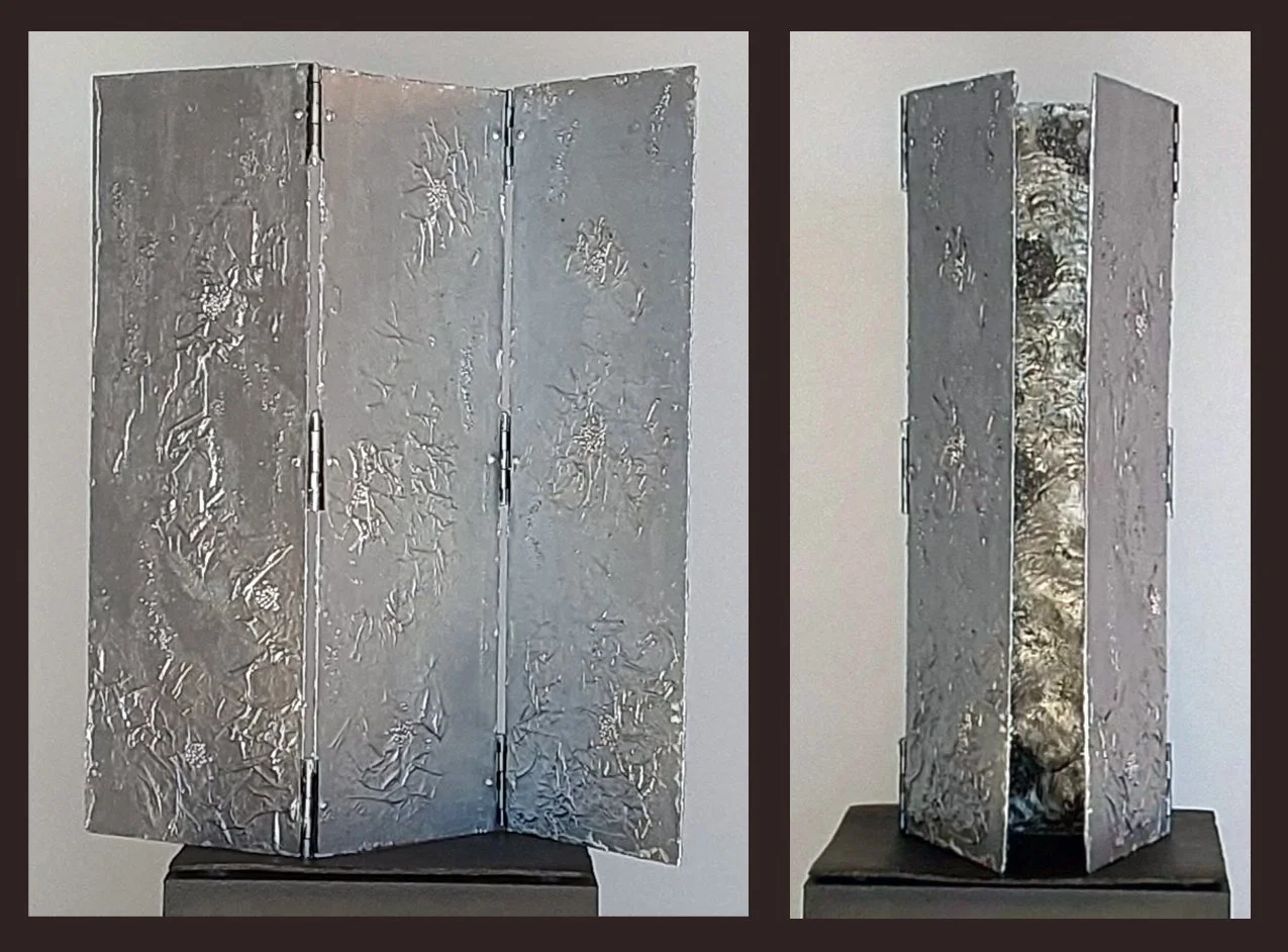 "SILVER SCREEN' (24 x 25 in.) Acrylic Paint on Paper on Hinged, Three Panel Stainless Steel Screen