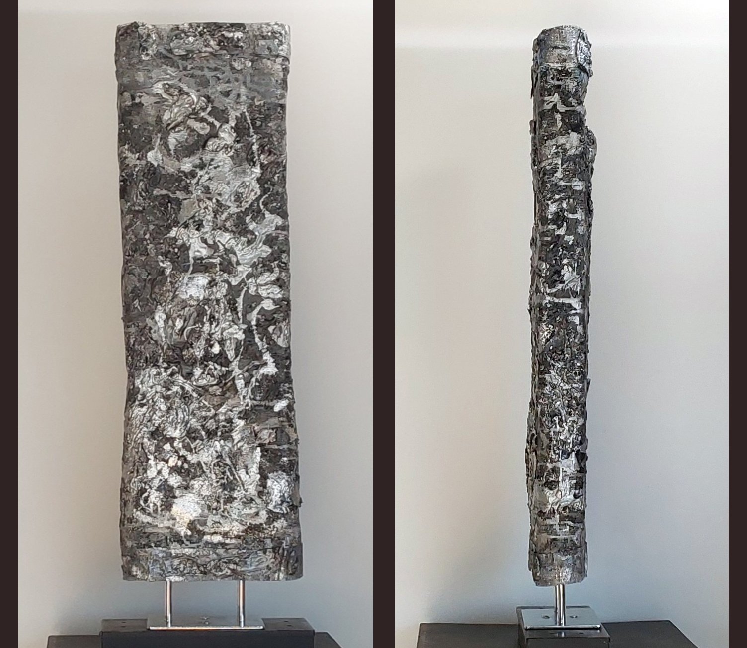 "TABLET OF AWAKENING" (28 x 7 x 3 in.) Acrylic Paint on Metal Screen and Textured Medium with Aluminum Stand on Metal Box