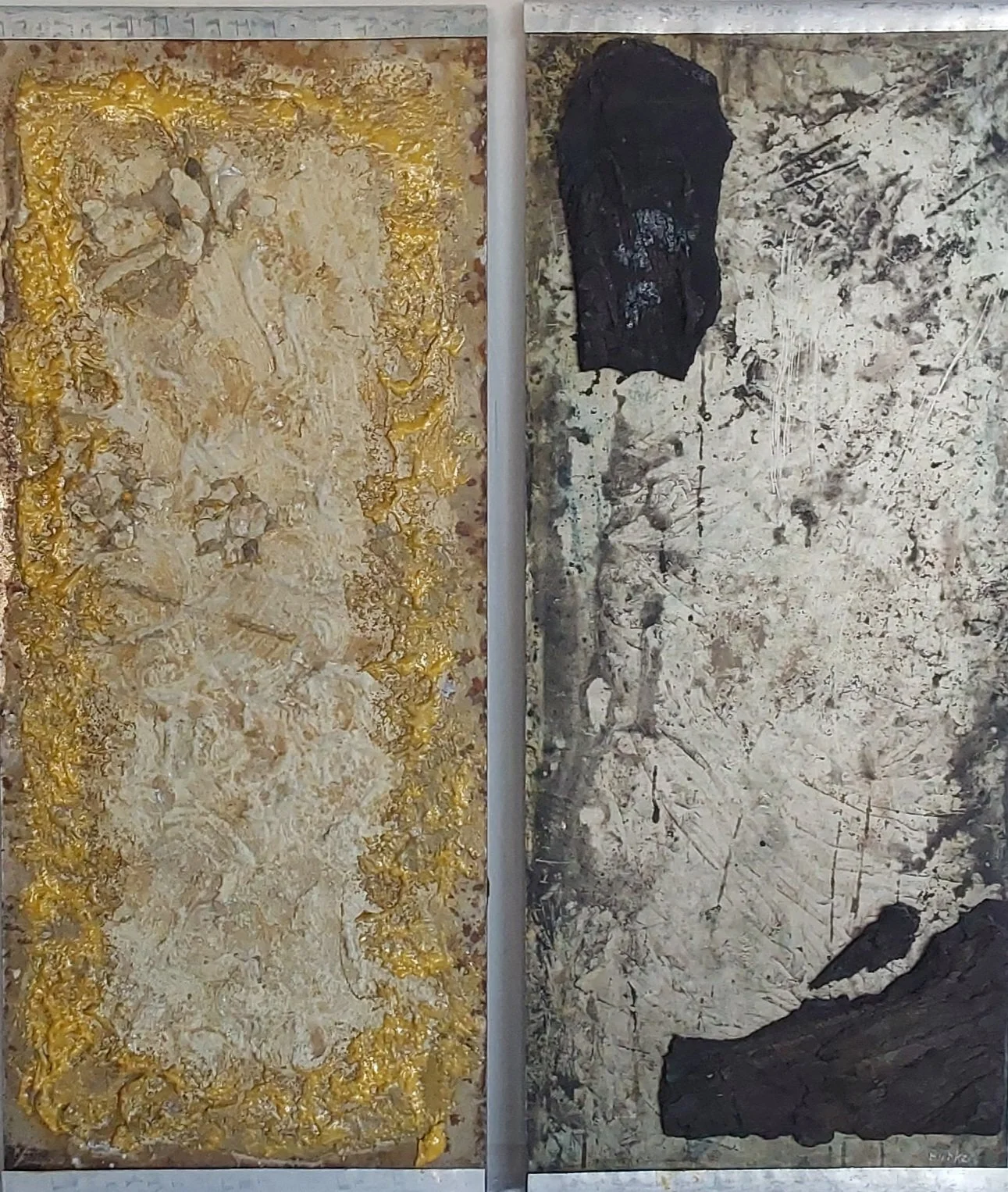 EARTH DAY AND EARTH NIGHT (15 x 36 in. each panel; 30 x 36 joined as shown) Mixed Media Recycled Metal Panels; Earth Day Panel Stained and Textured Concrete Mixture with Adhesive. Earth Night Panel Distressed Metal with Ink and Found Asphalt Fragment
