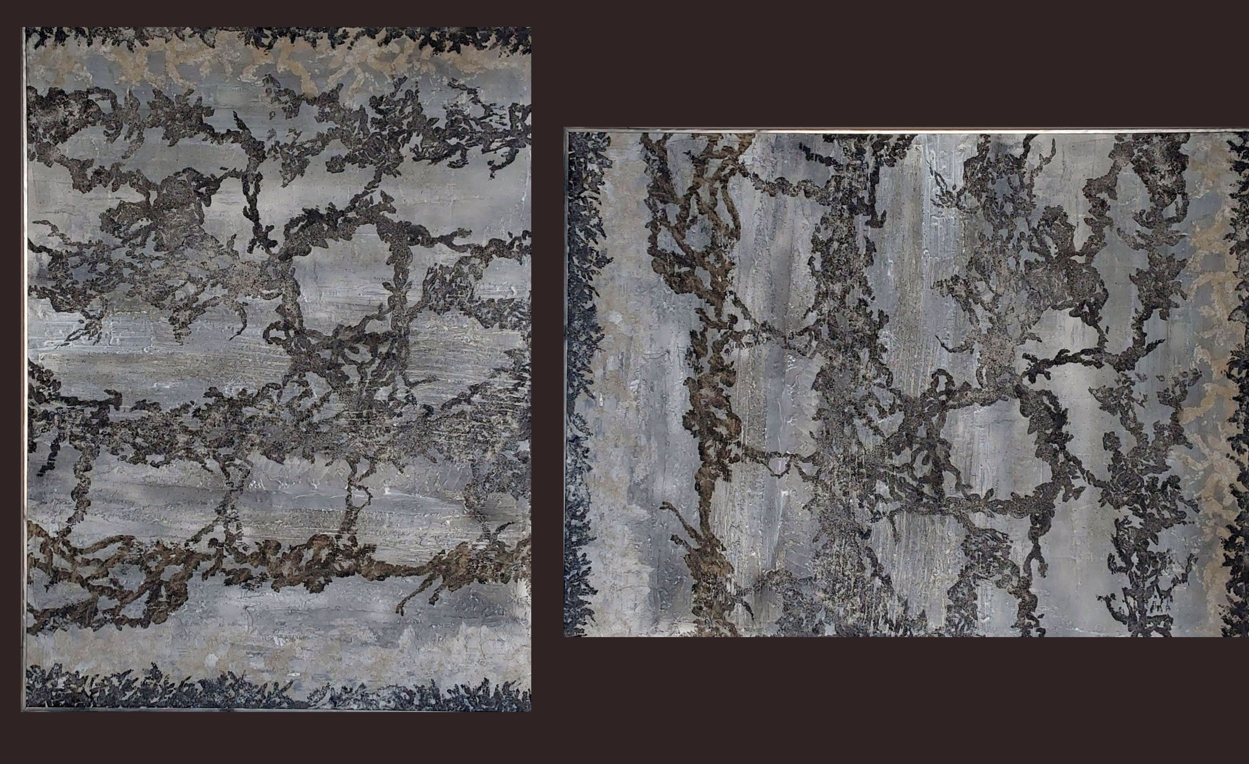 "INNER PATH" (45 x 34 in.) or (34 x 45 in) Mixed Media Acrylic on Board With Silver Dust and Salt Crystals, Distressed Metal Frame / May be displayed as horizontal or vertical
