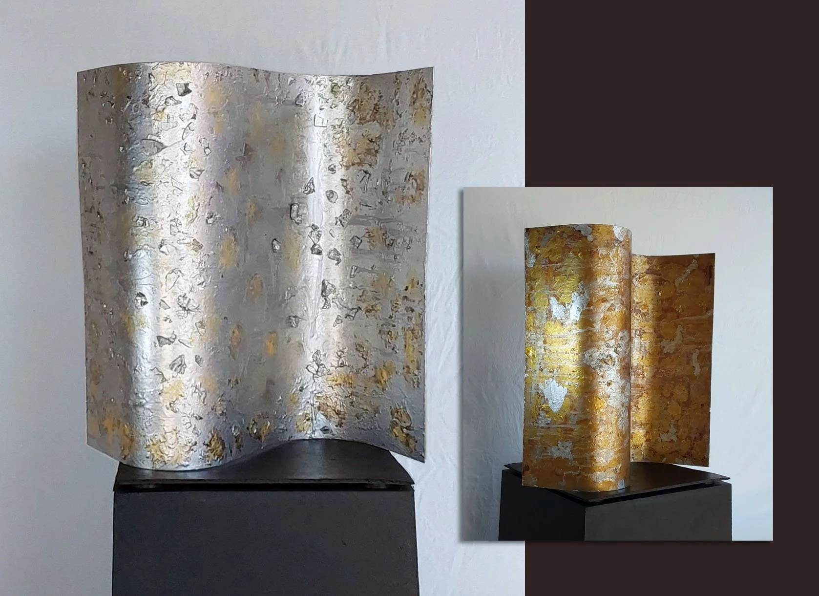 "S SCULPTURE" (17 x 16 in.) Acrylic Paint on Metal. Side I: Silver Acrylic Paint on Metal with Gold. Side II: Gold Acrylic Paint on Metal with Silver