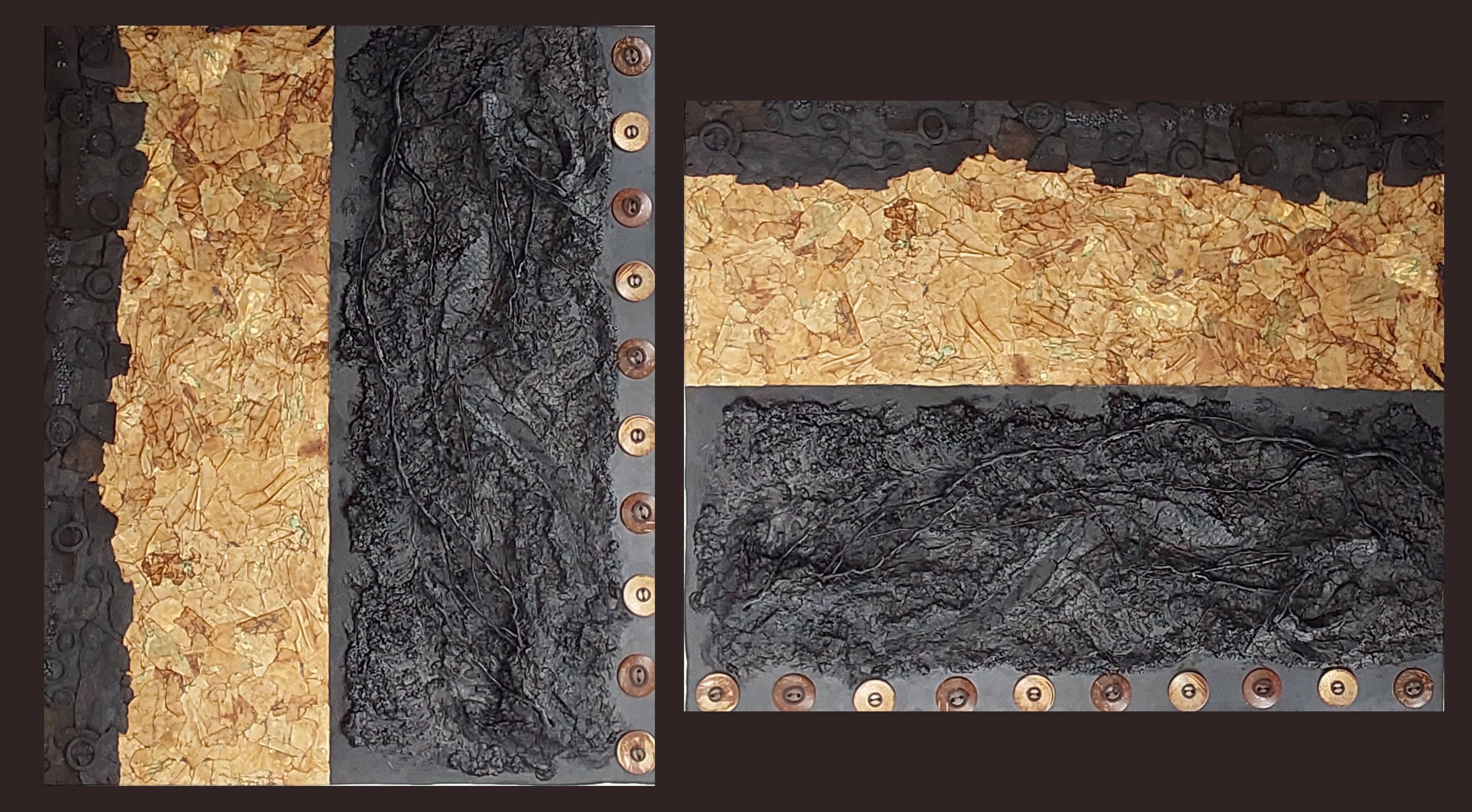"FIRST LIGHT" (36 x 30 in) or (30 x 36 in) Mixed Media on Acrylic Panel. Hand Dyed Paper Collage, Textured Medium with Tree Roots and Found Vintage Roofing Asphalt, Acrylic Black Chalk Paint and Coconut Buttons / May be displayed as horizontal or