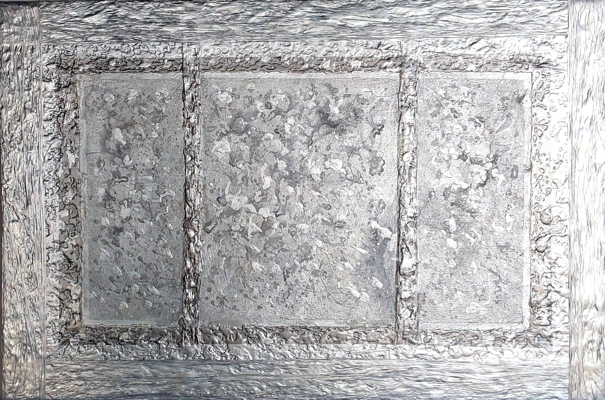 SILVER GARDEN (39 x 59 in.) Mixed Media Acrylic Metallic Paint on Canvas with Cellophane and Wooden Frame. May be displayed horizontally or vertically