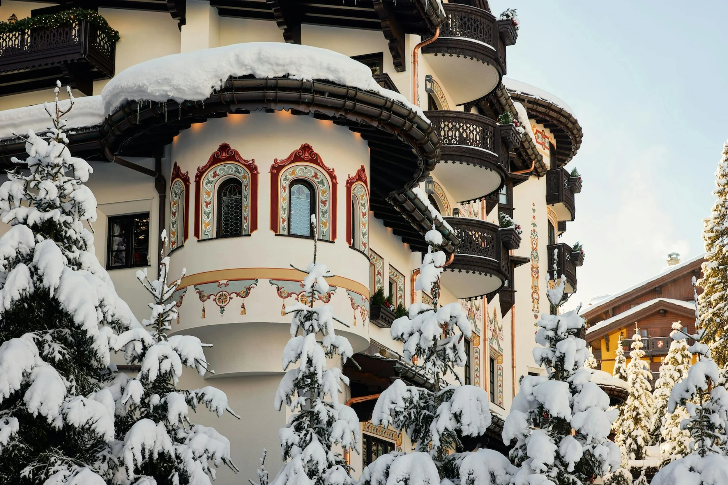 Snow capped building in courchevel ski resort