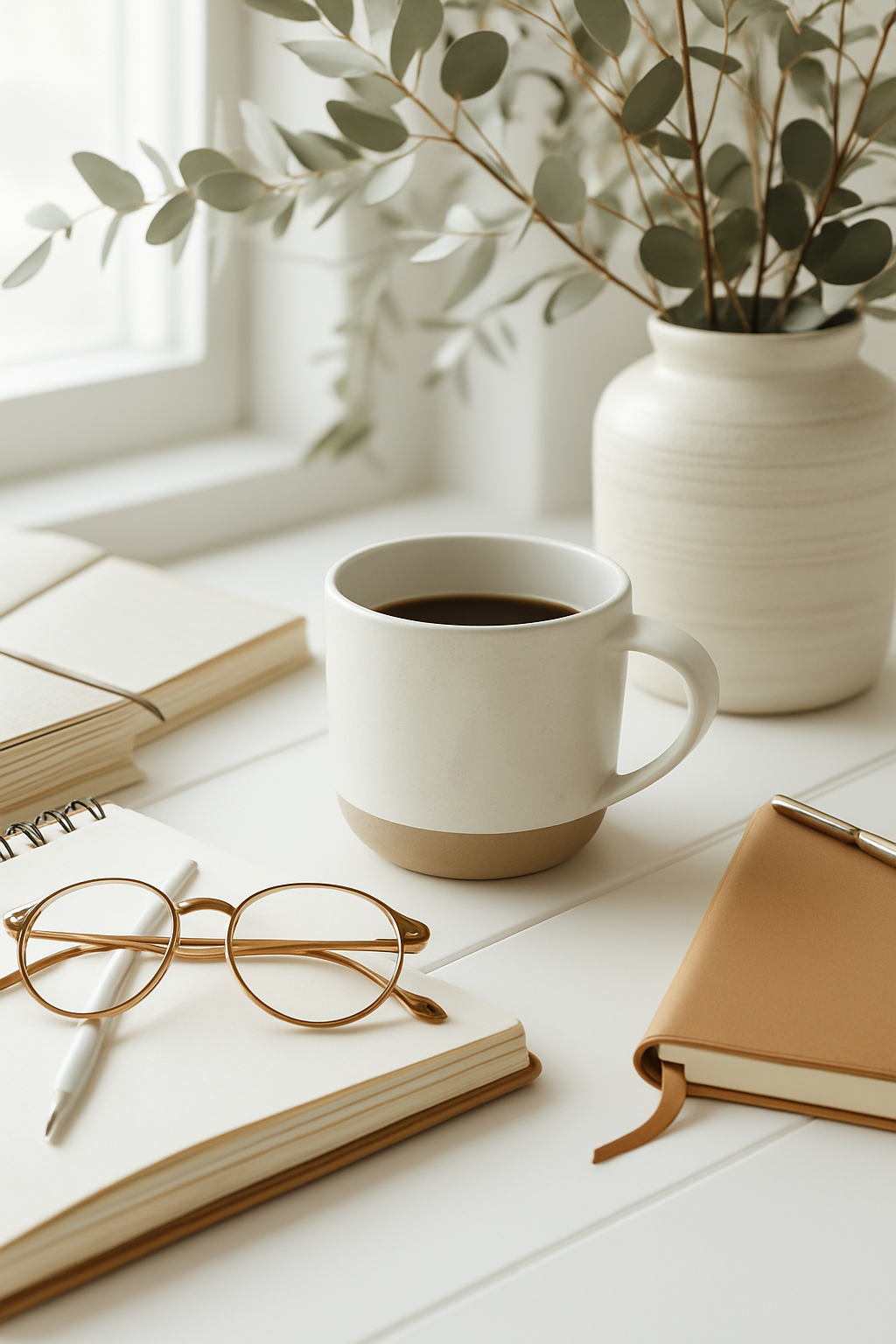 A white cup filled with black coffee, gold-rimmed glasses, an open notebook with a white pen, a closed brown notebook, and a large vase with greenery on a white desk near a window.