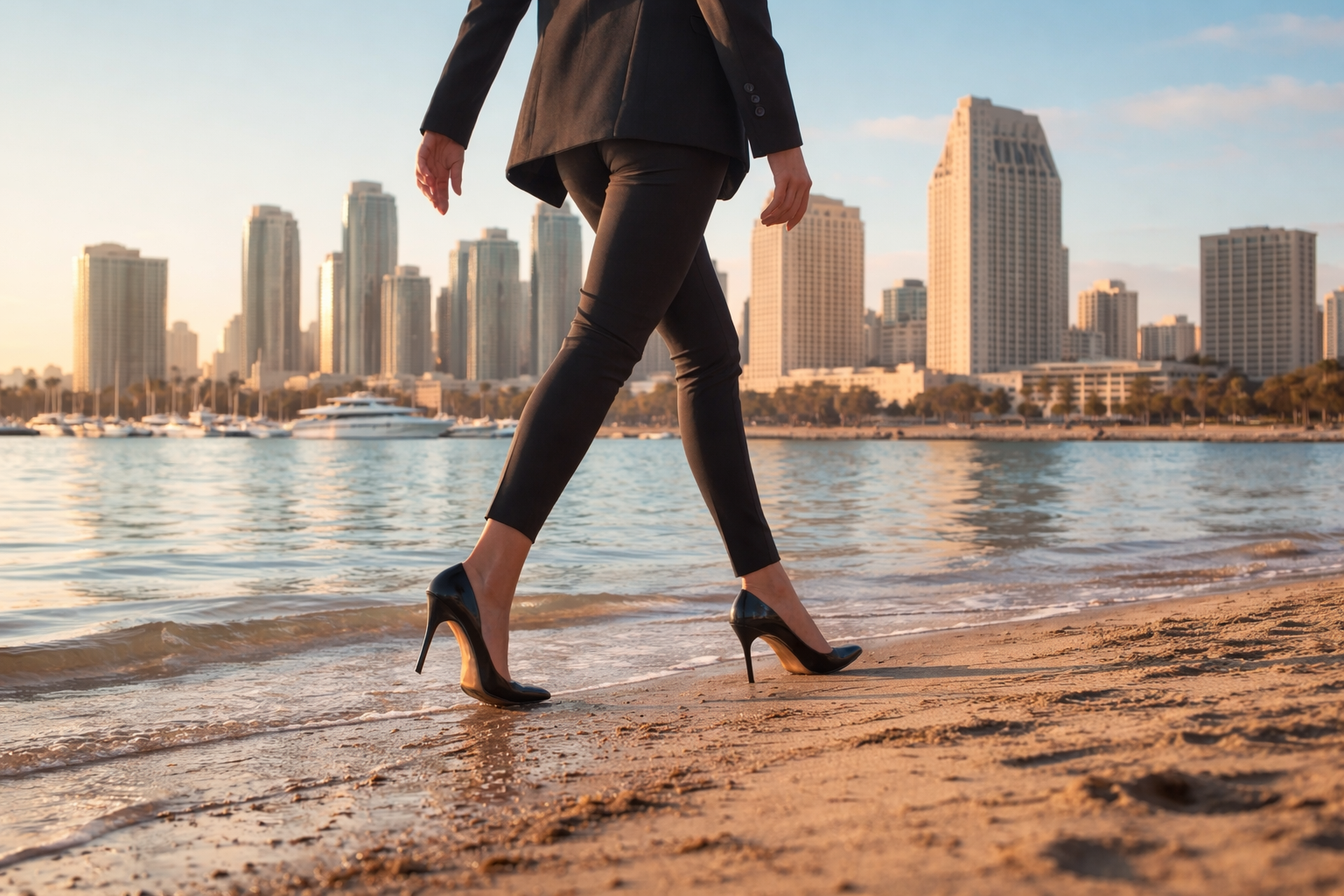 Business leader walking along a waterfront city skyline, symbolizing strategic direction, growth, and forward momentum.