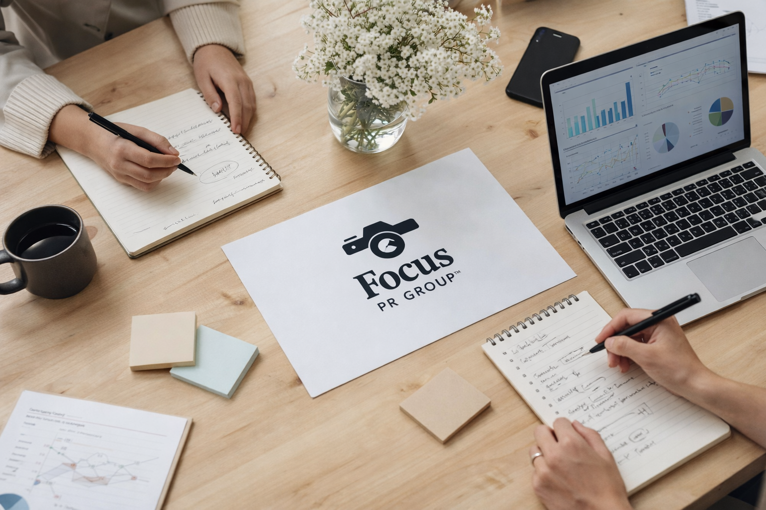 Focus PR Group logo on the table. Vase with soft white flowers. Black coffee cups, laptops, tablets, and notebooks scattered around the table in a working session. Representing strategy, marketing, PR, and subject matter experts (SMEs)