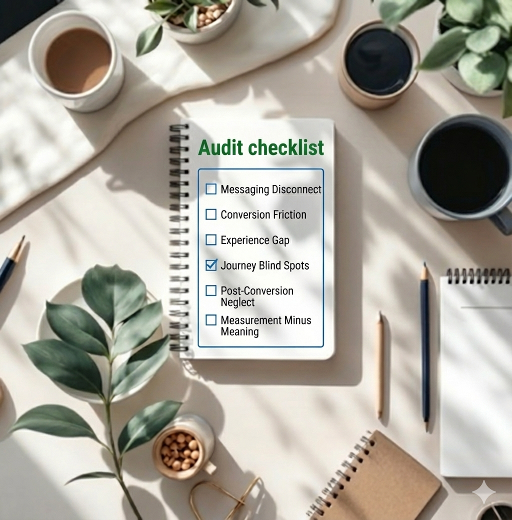 Customer experience and brand strategy audit checklist highlighting messaging alignment, conversion optimization, customer journey gaps, and marketing performance analysis in a modern workspace.
