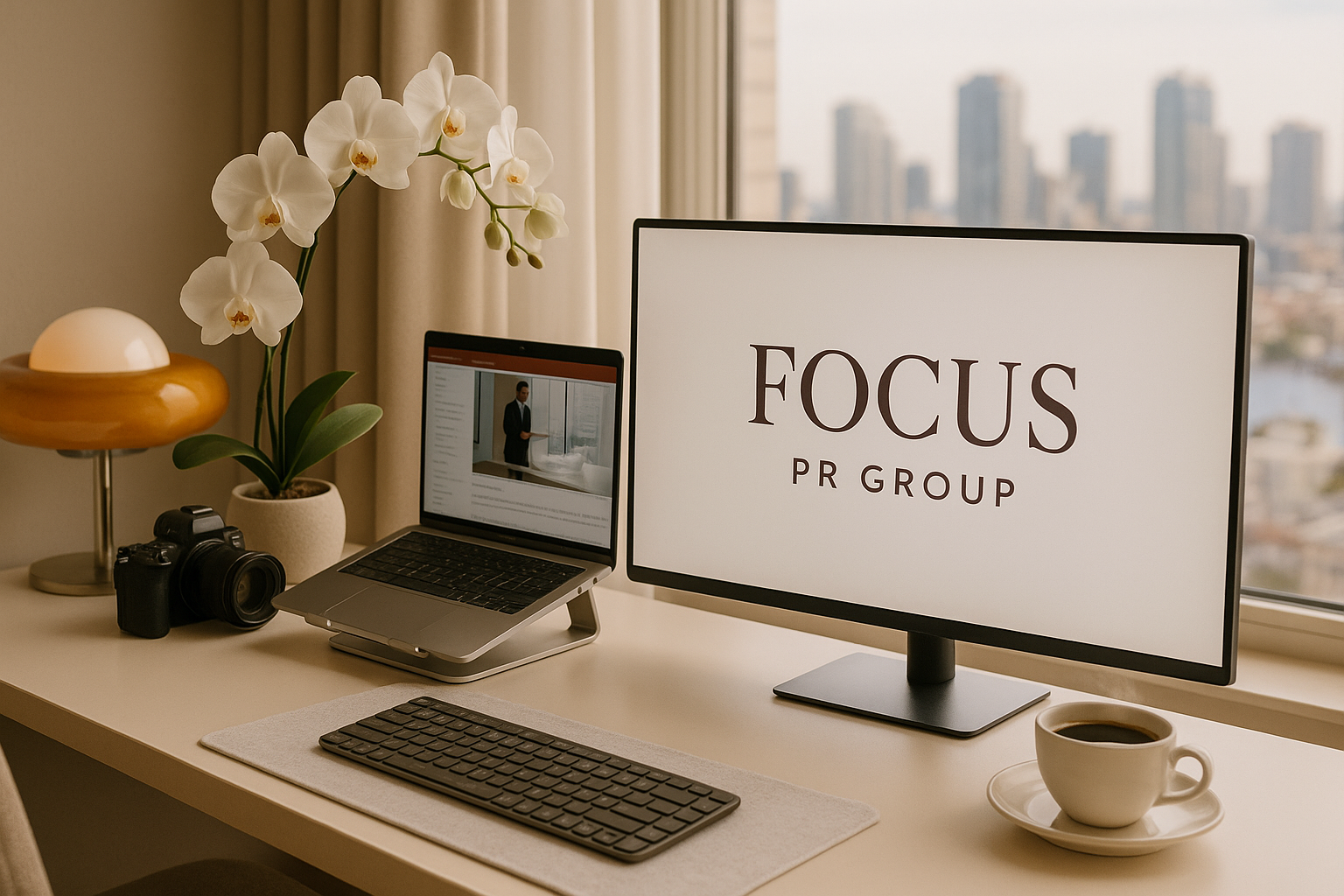 Modern office with dual screens displaying Focus PR Group branding and a city skyline view, reflecting strategic marketing, communications, and brand development.